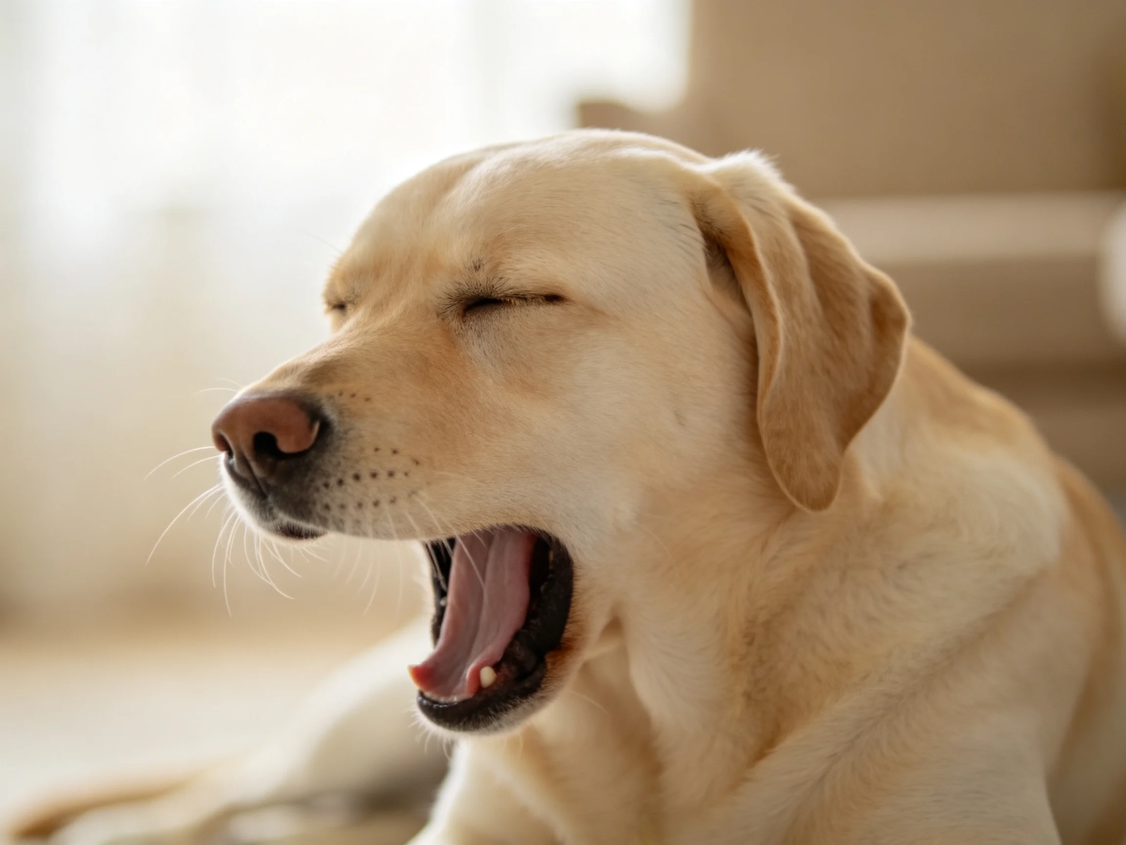 A yellow Labrador retriever yawning with closed eyes indoors
