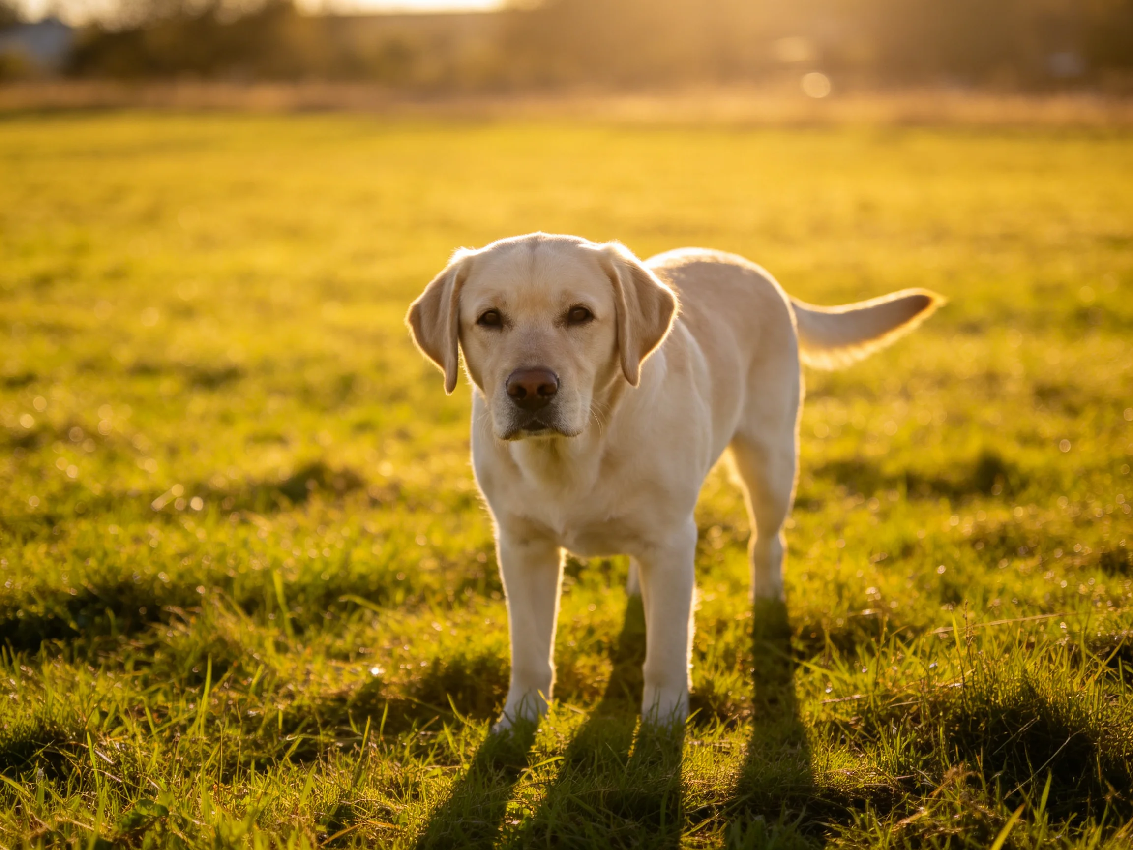 A yellow Labrador stands in a sunlit meadow.