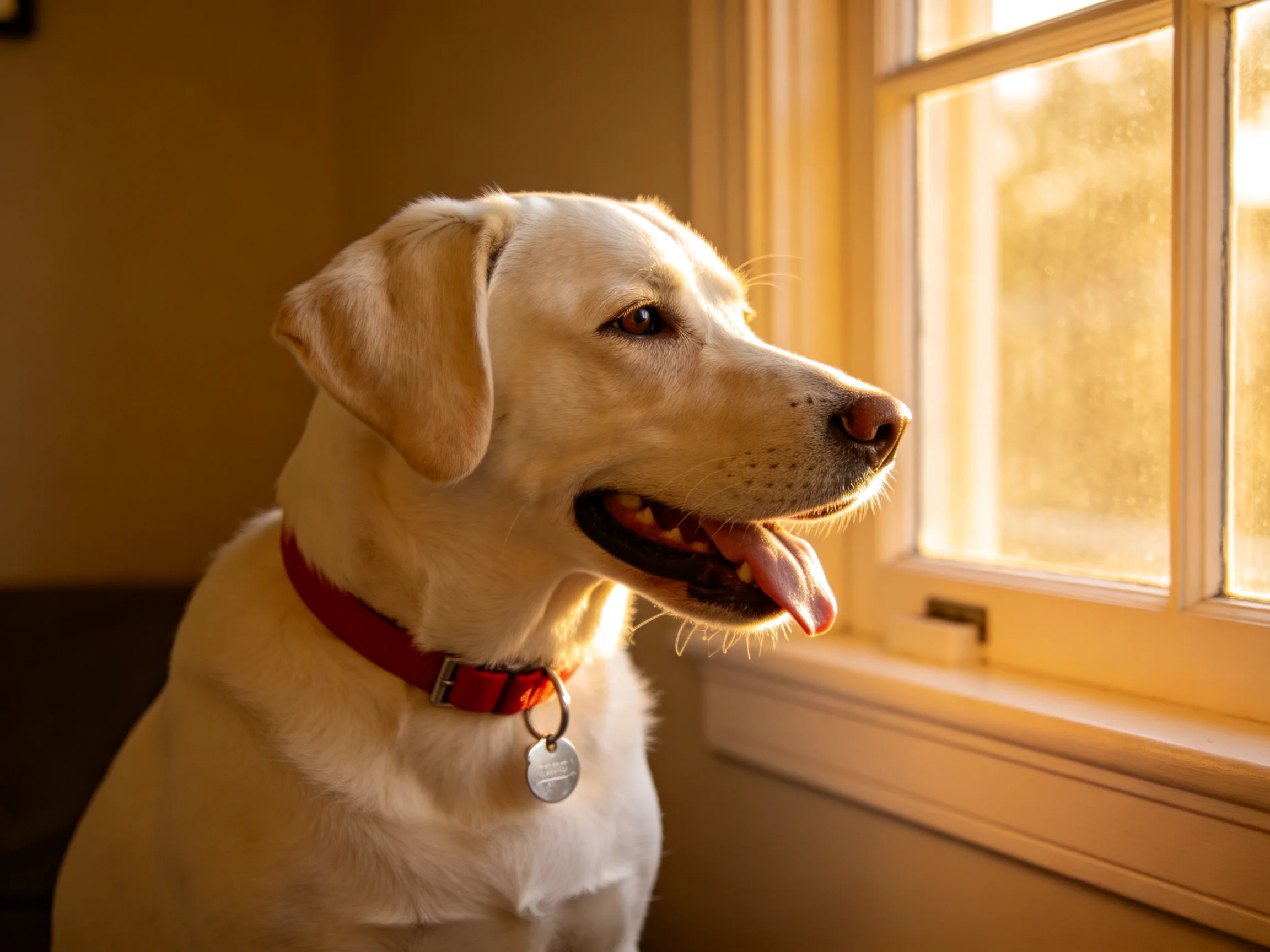 A yellow Labrador with a red collar gazes toward a sunlit window