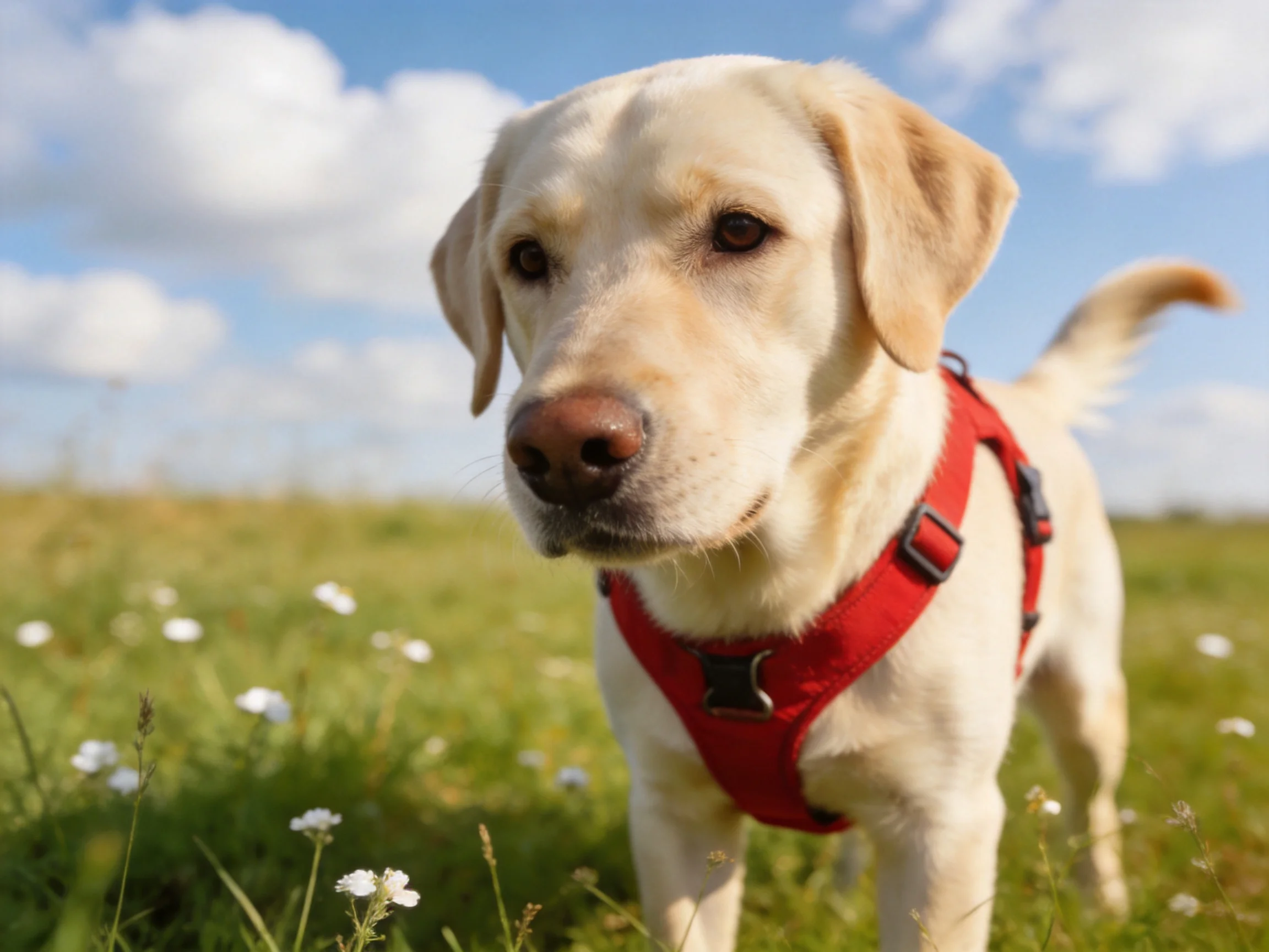 A yellow Labrador dog with a red harness stands in a grassy field with white flowers.