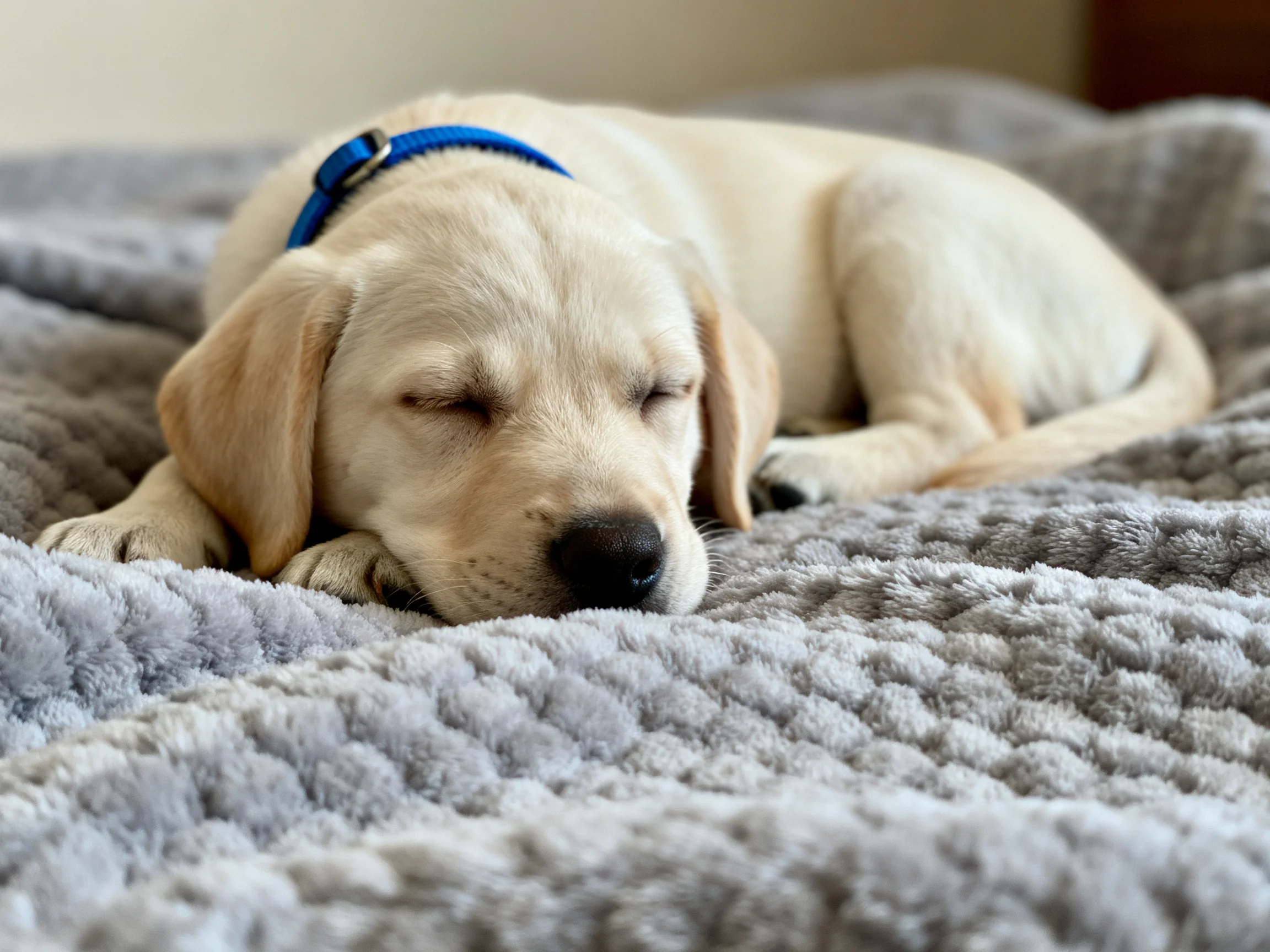 A yellow puppy rests on a soft gray blanket.