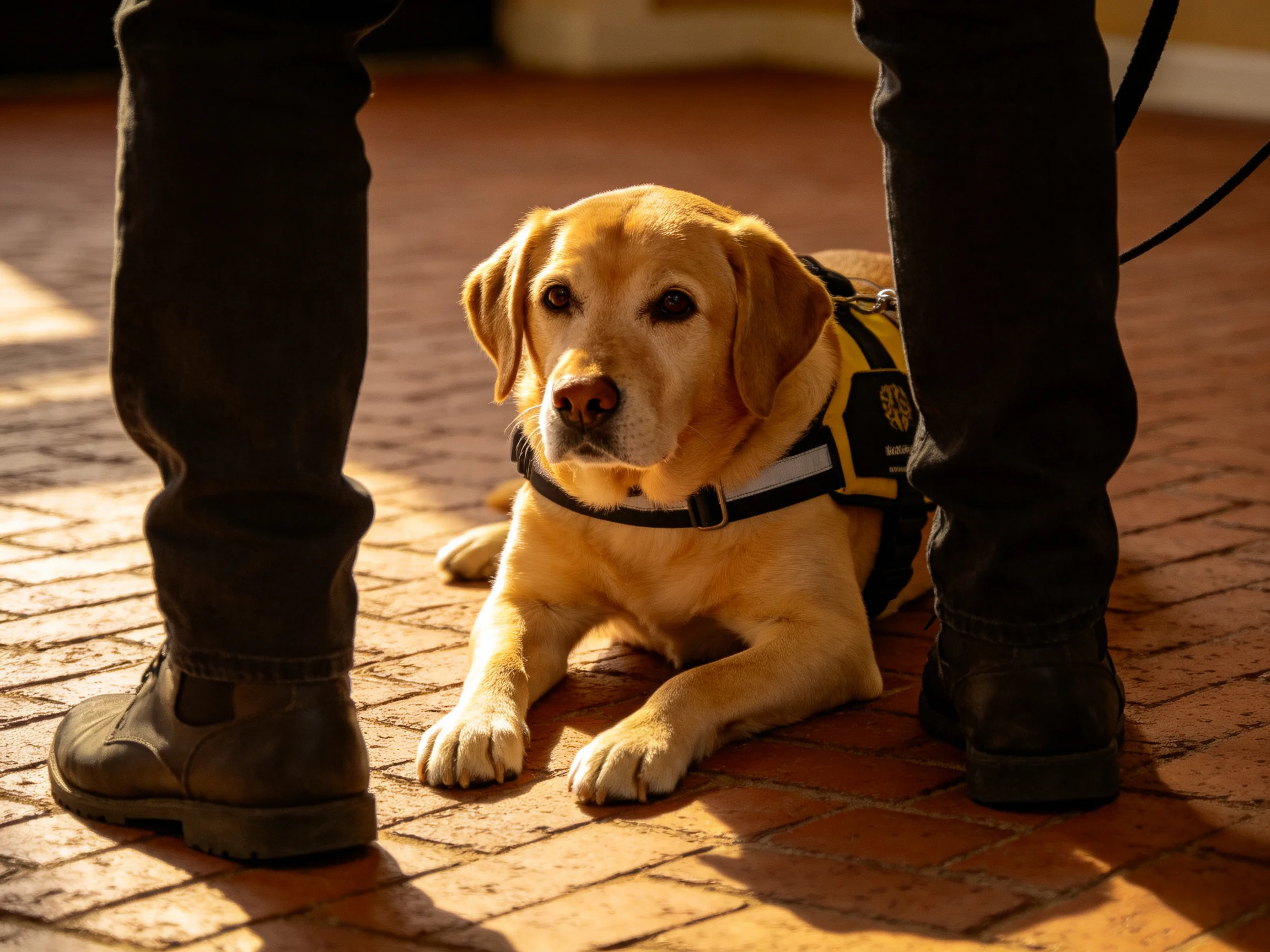 A yellow service dog rests between two pairs of dark pants and boots on brick pavement