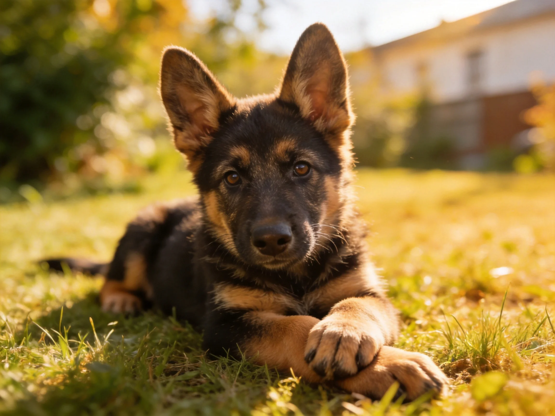 The German Shepherd puppy relaxes on grass in bright sunlight.