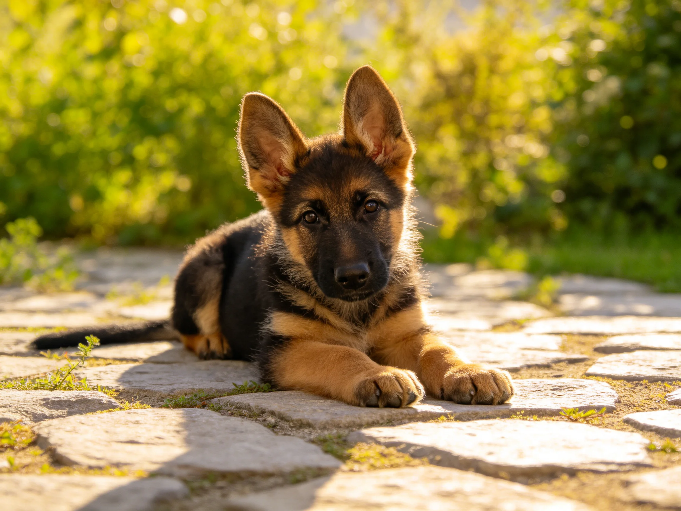 A young German Shepherd puppy relaxes on a stone path surrounded by greenery in bright daylight.