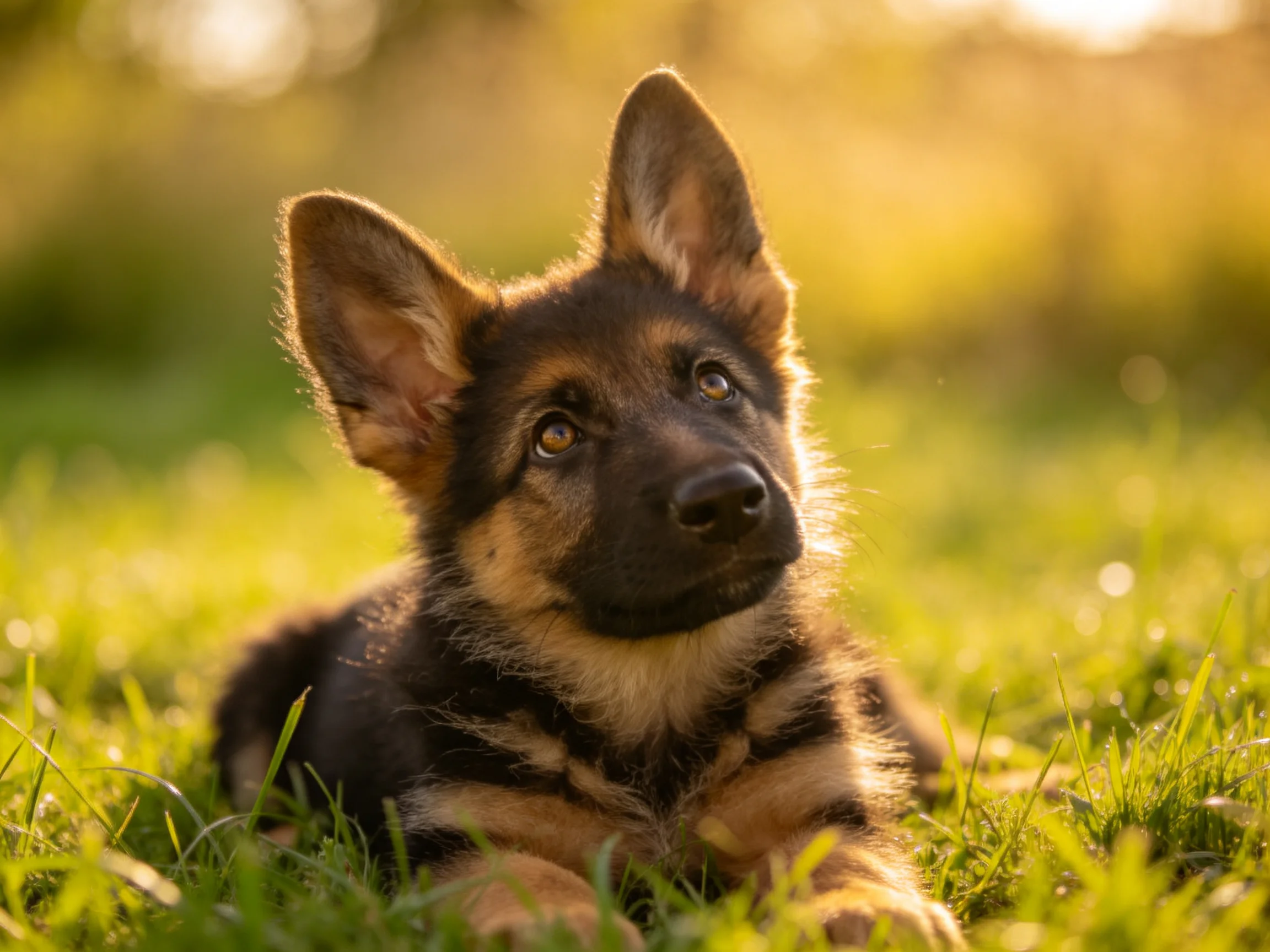 A young German Shepherd puppy relaxes on green grass in warm sunlight.