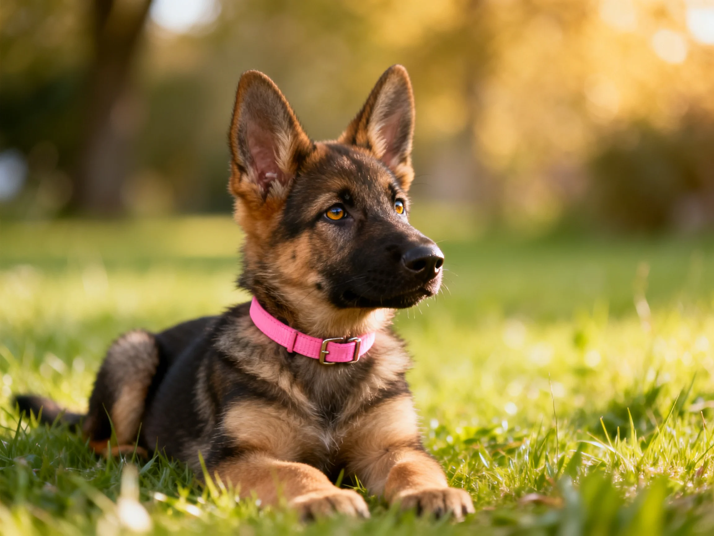 A German Shepherd puppy relaxes on grass in a sunlit outdoor area.