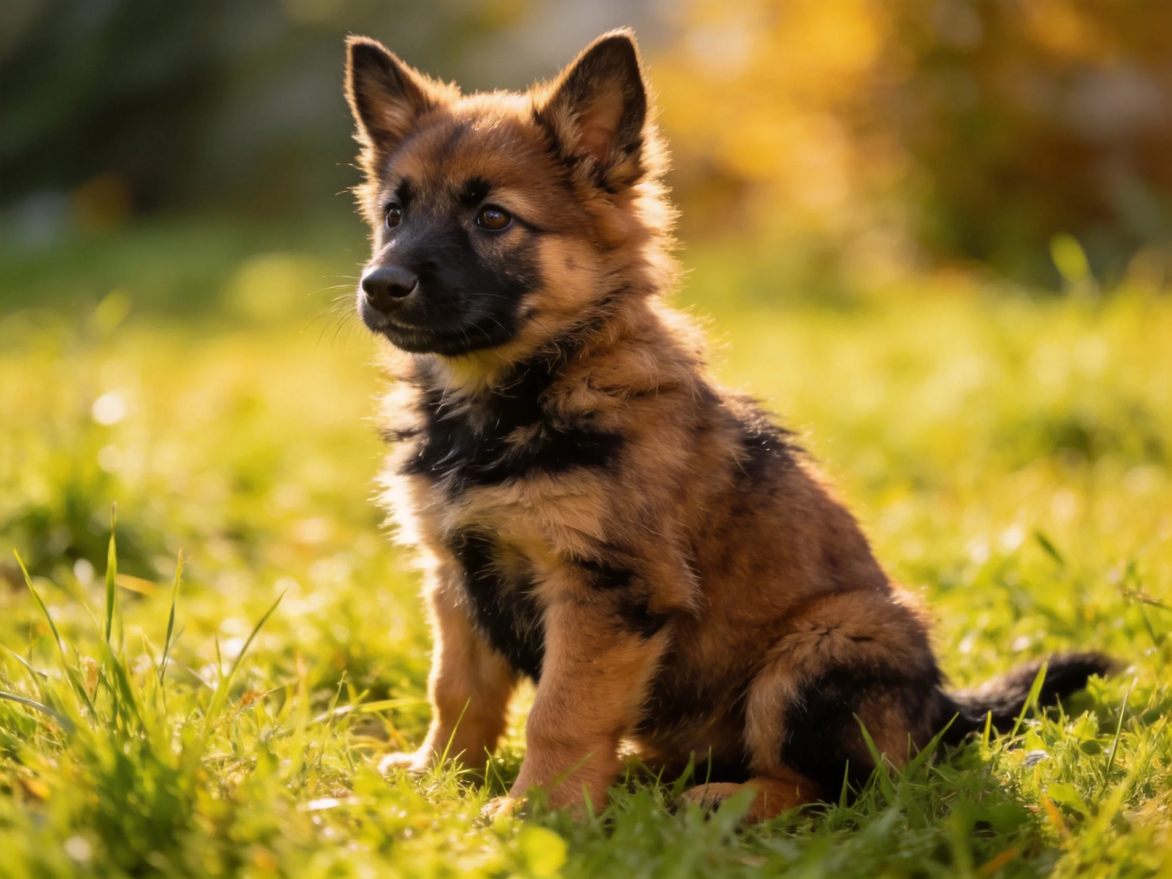 A young German Shepherd puppy sits attentively on green grass in bright sunlight.