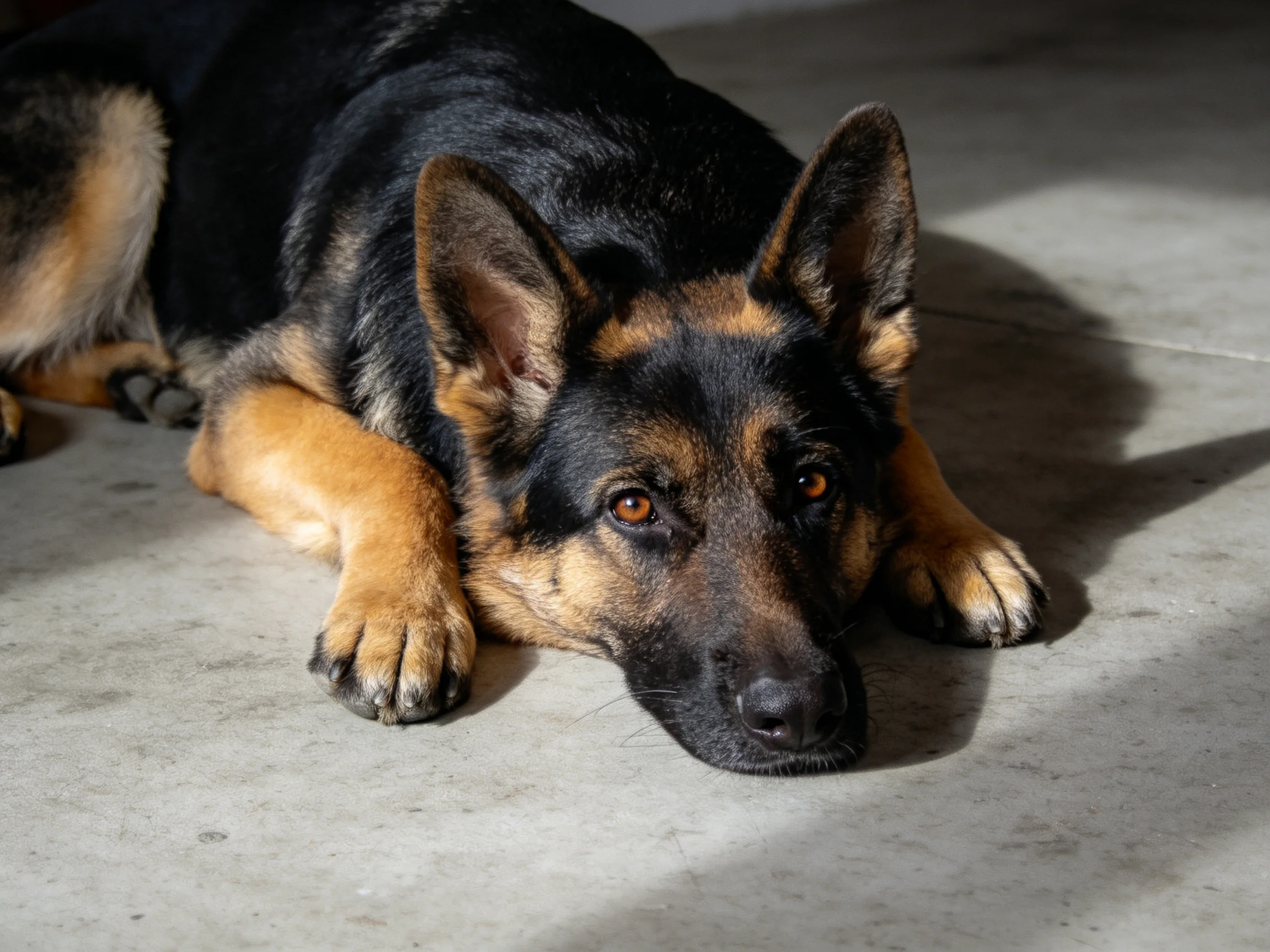 A German Shepherd rests calmly on a smooth concrete surface