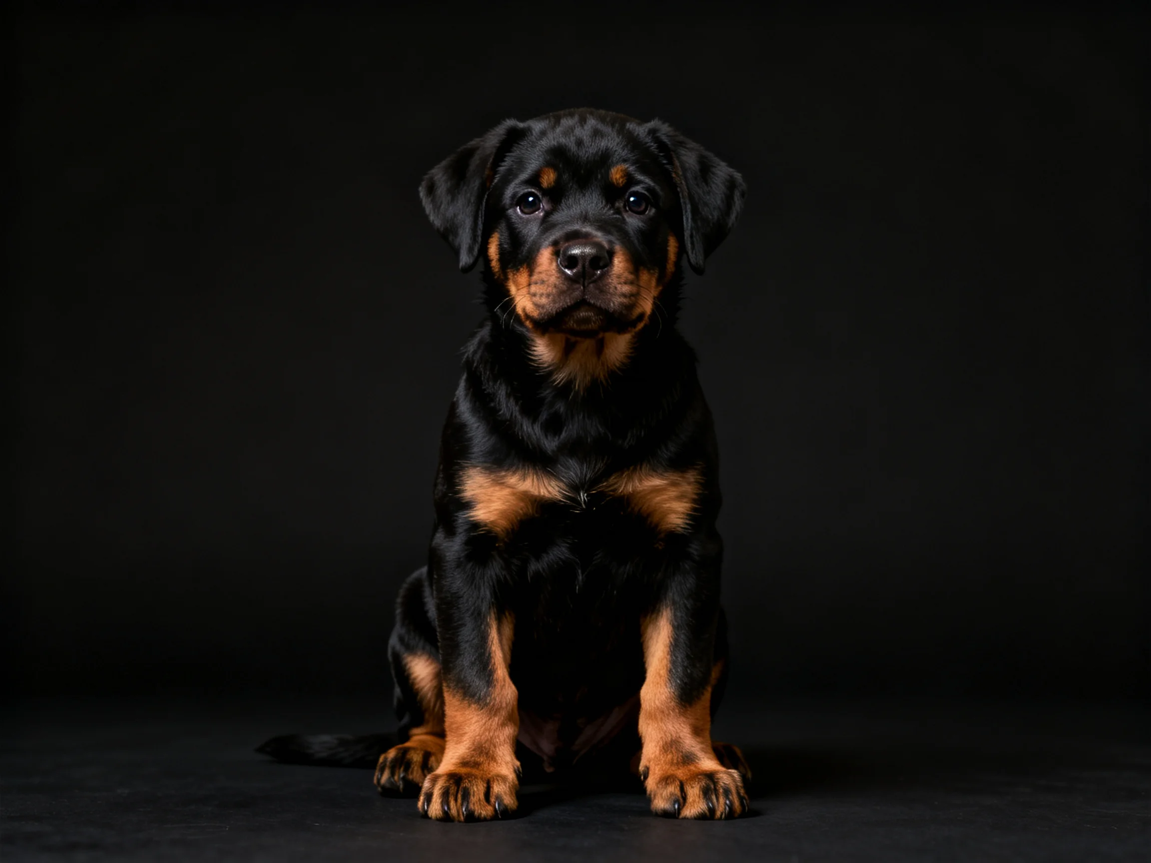 A young Rottweiler puppy sits attentively on a dark surface.