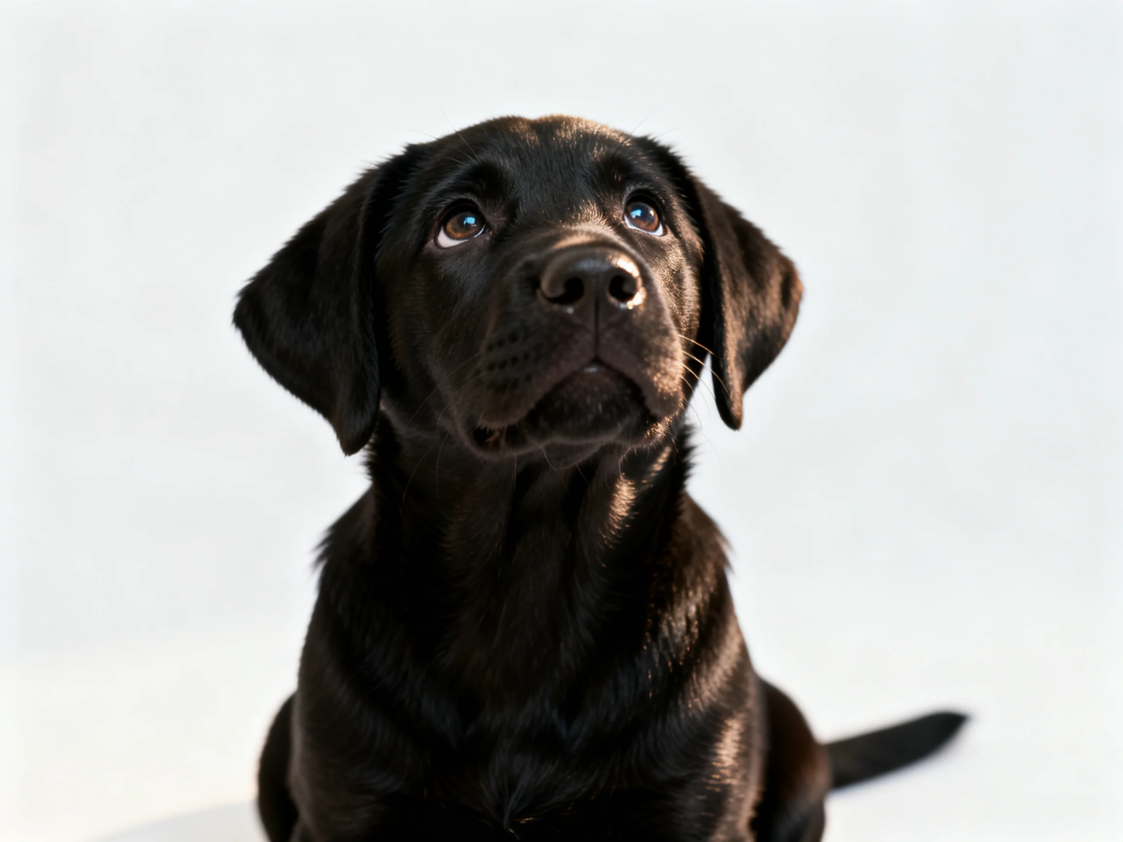 A young black Labrador retriever puppy looks upward with curiosity on a plain white surface.
