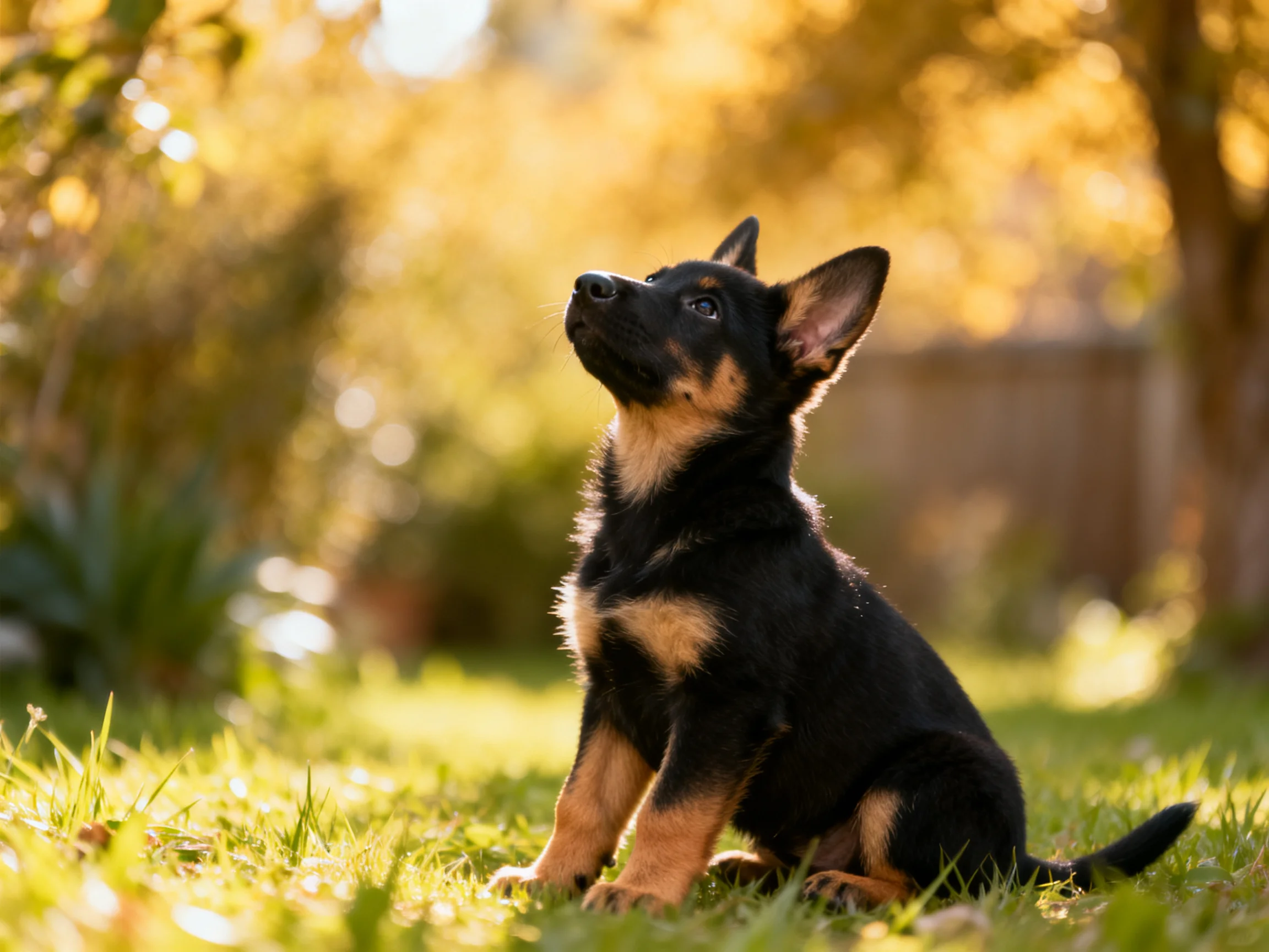 A young black and tan puppy sits in a sunlit garden with its gaze directed upward.
