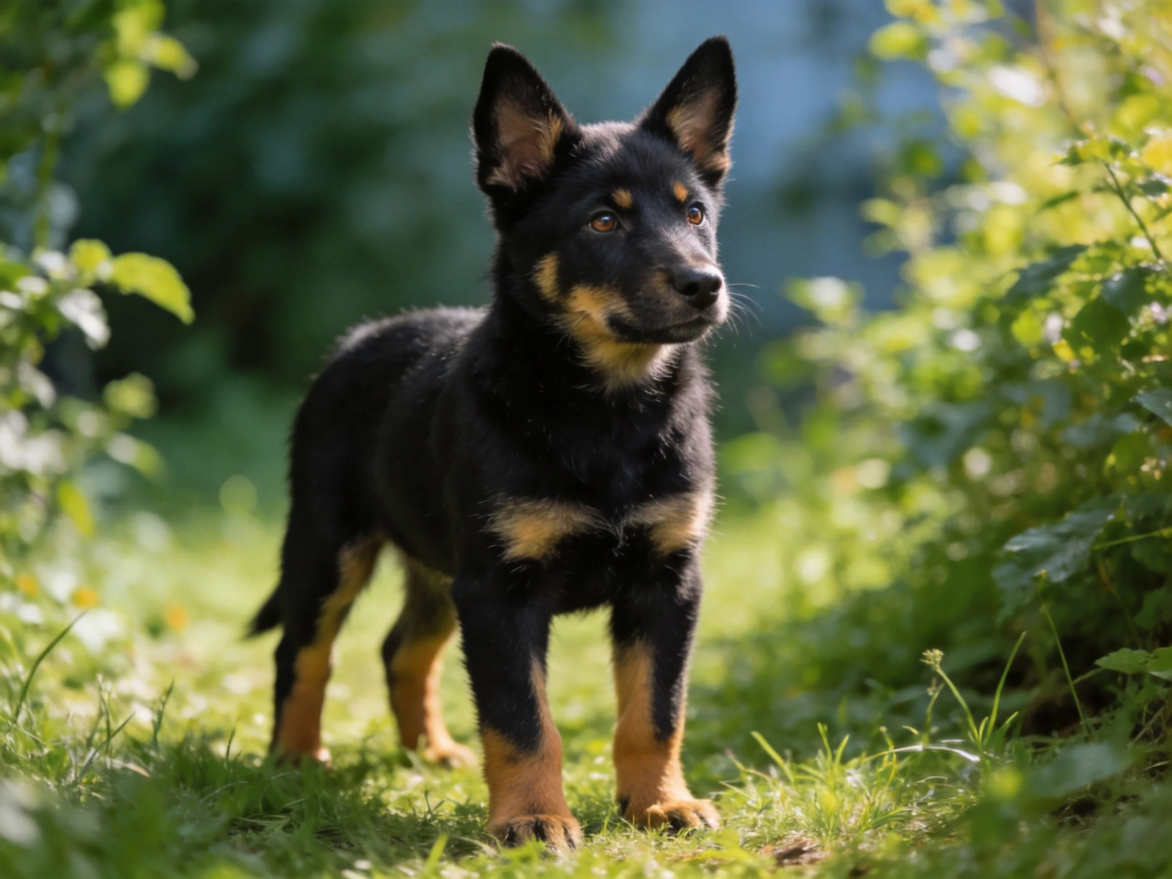 A young black and tan puppy explores a sunlit grassy area surrounded by dense greenery