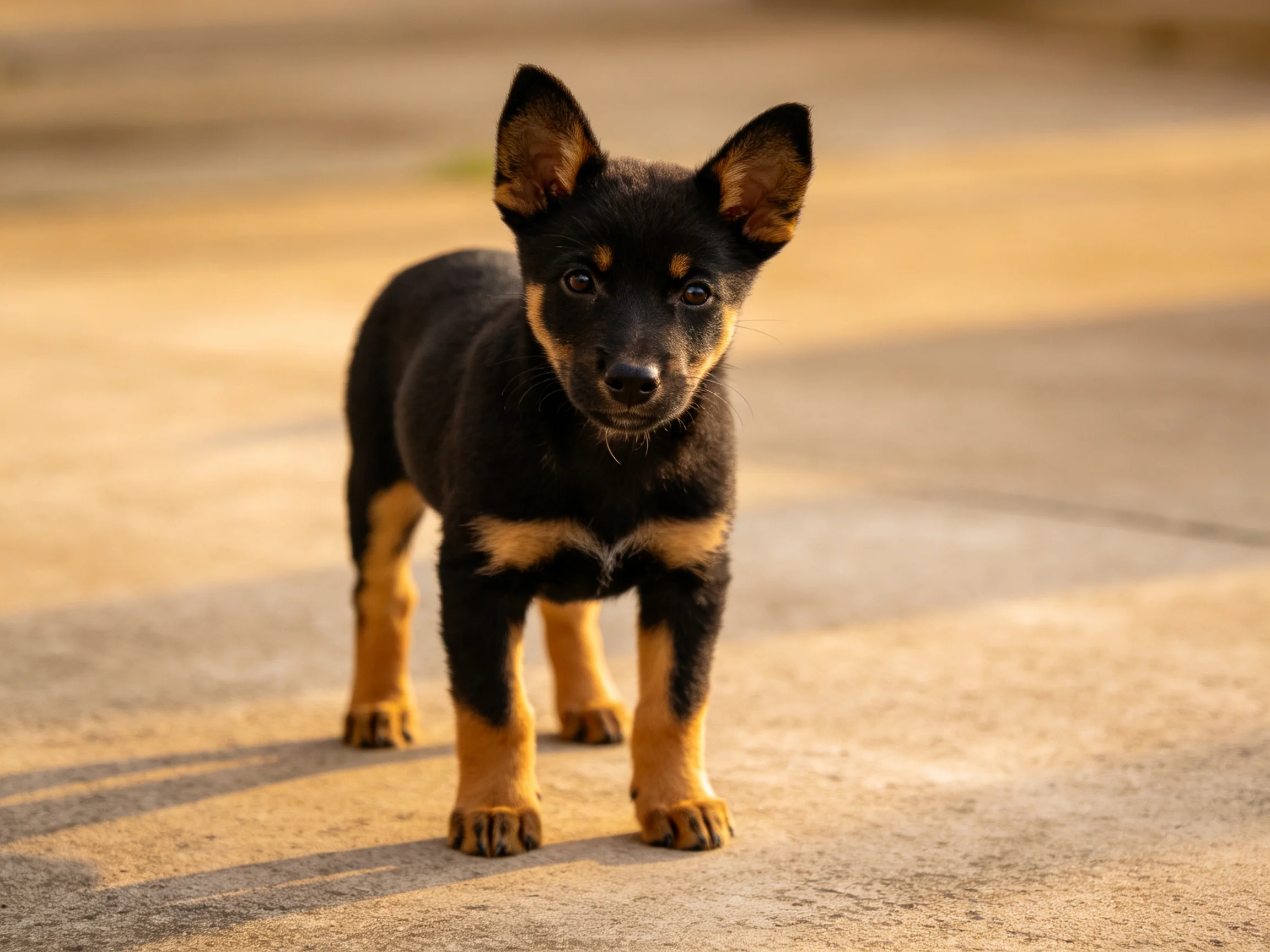 A young black and tan puppy stands on a sunlit concrete surface