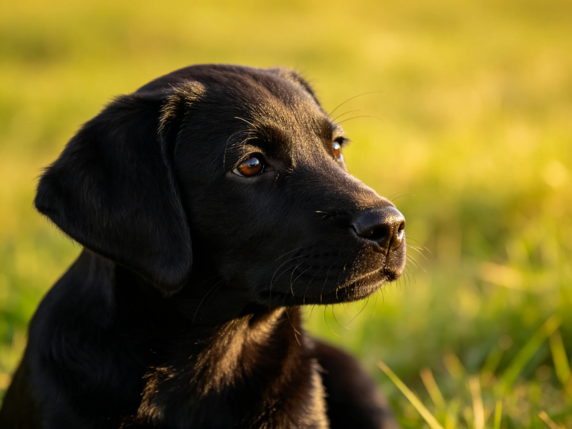 A young black puppy gazes thoughtfully into a sunlit meadow