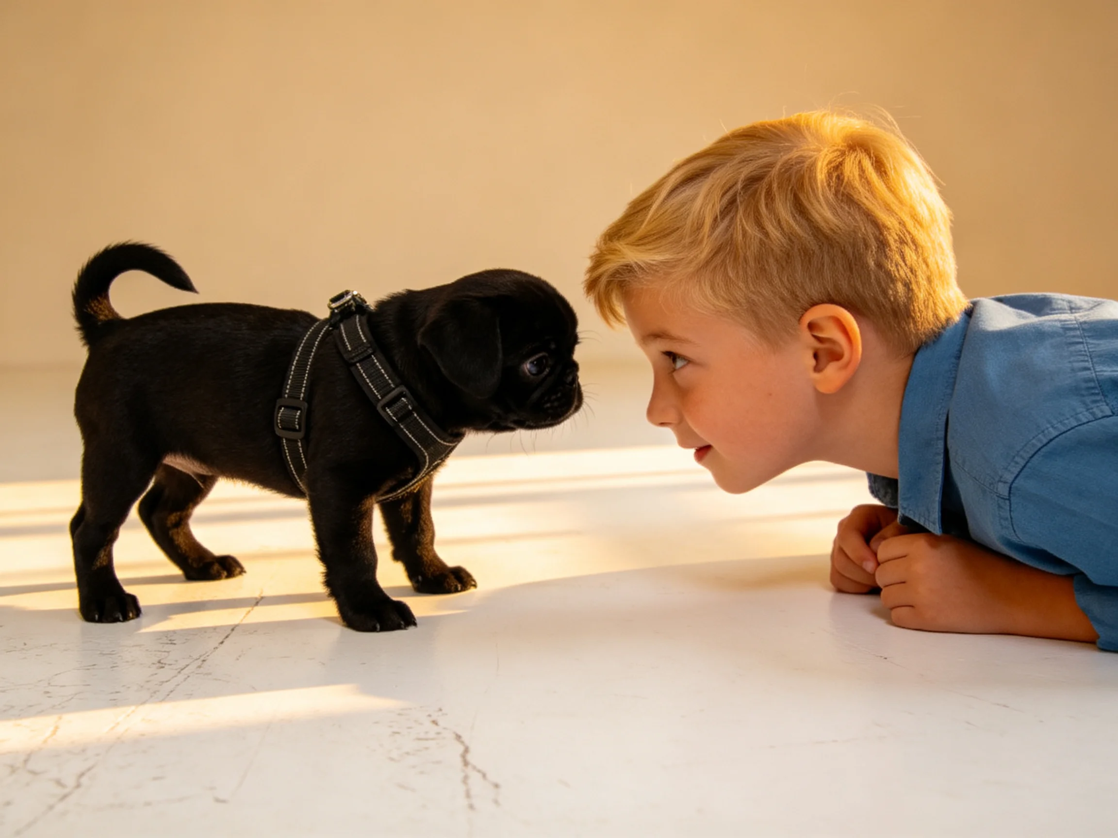 A young boy interacts with a tiny black puppy wearing a harness
