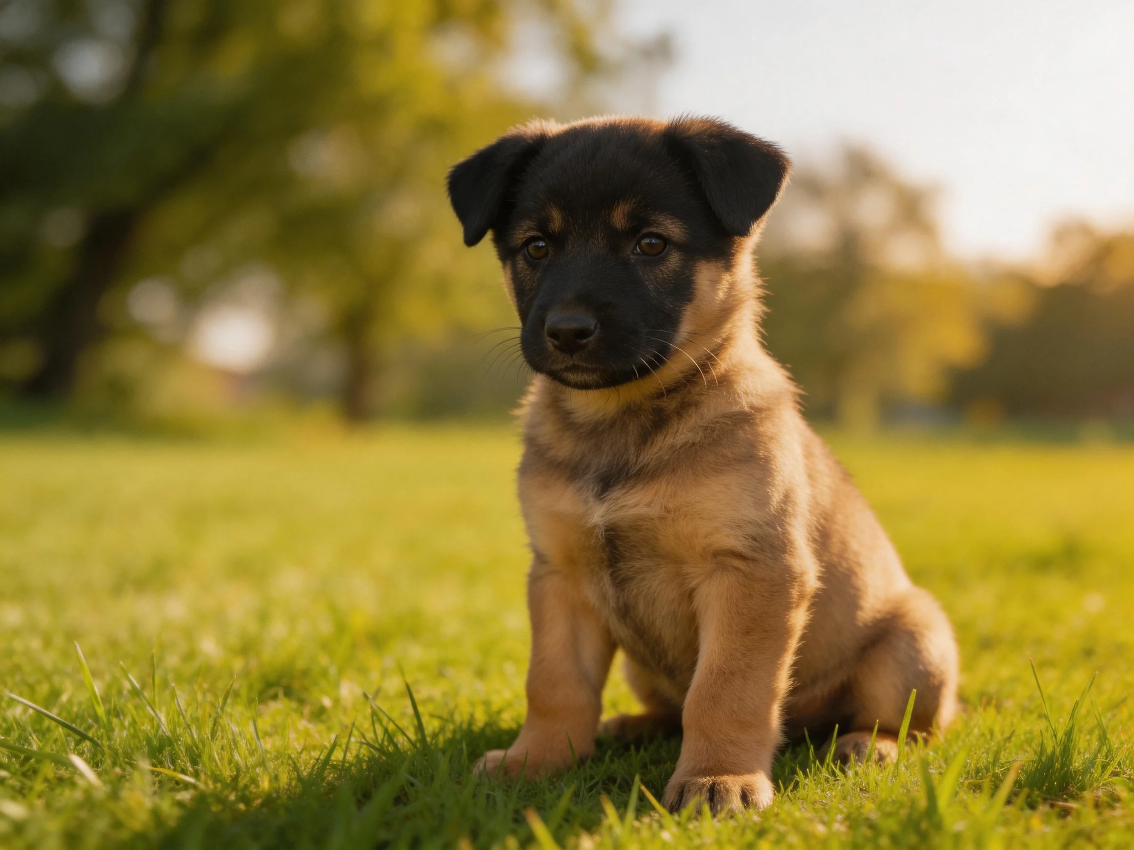 A small brown and black puppy sits calmly on green grass in a sunlit outdoor setting