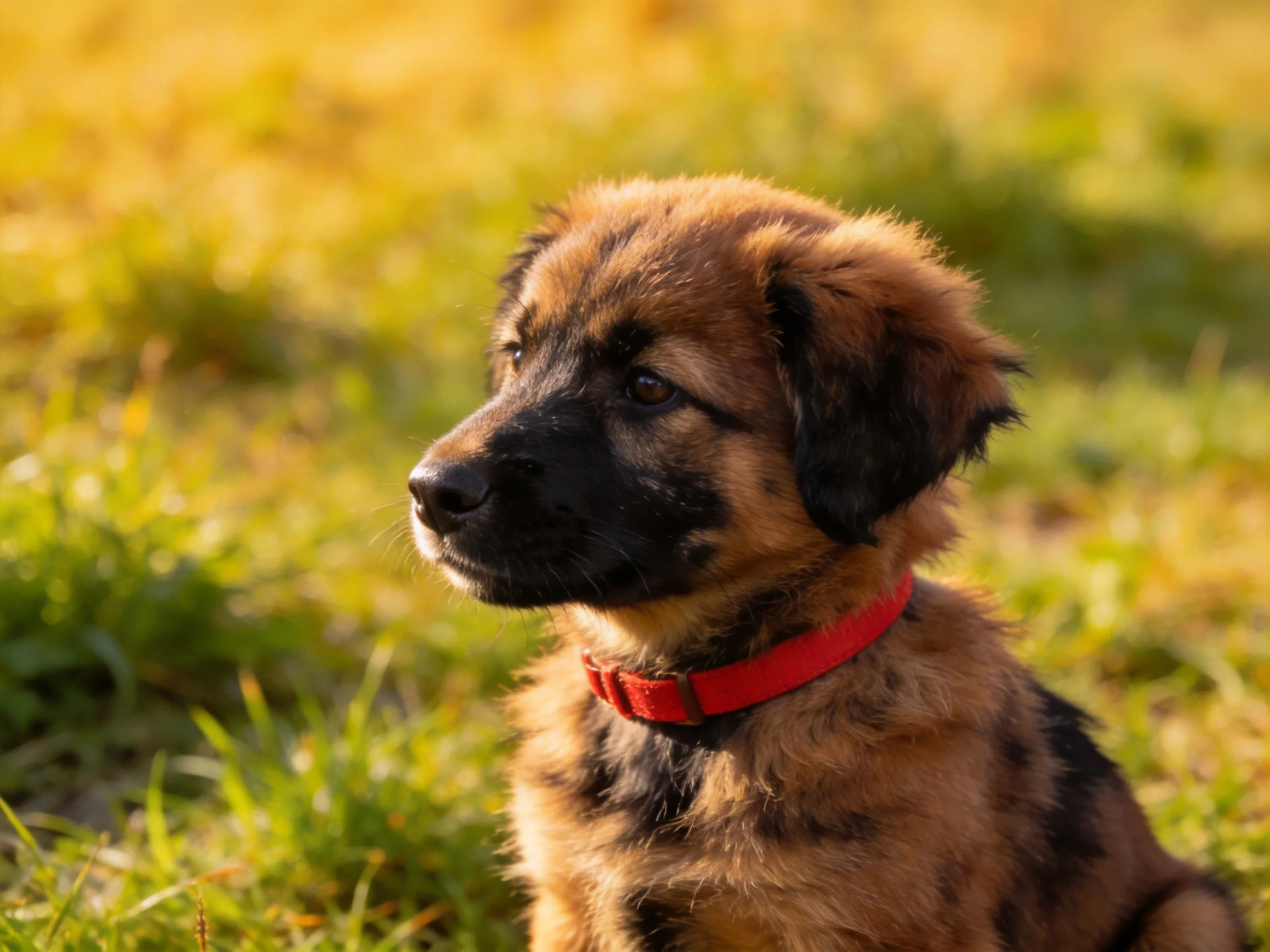 A young brown and black puppy with a red collar sits in a sunlit grassy area.