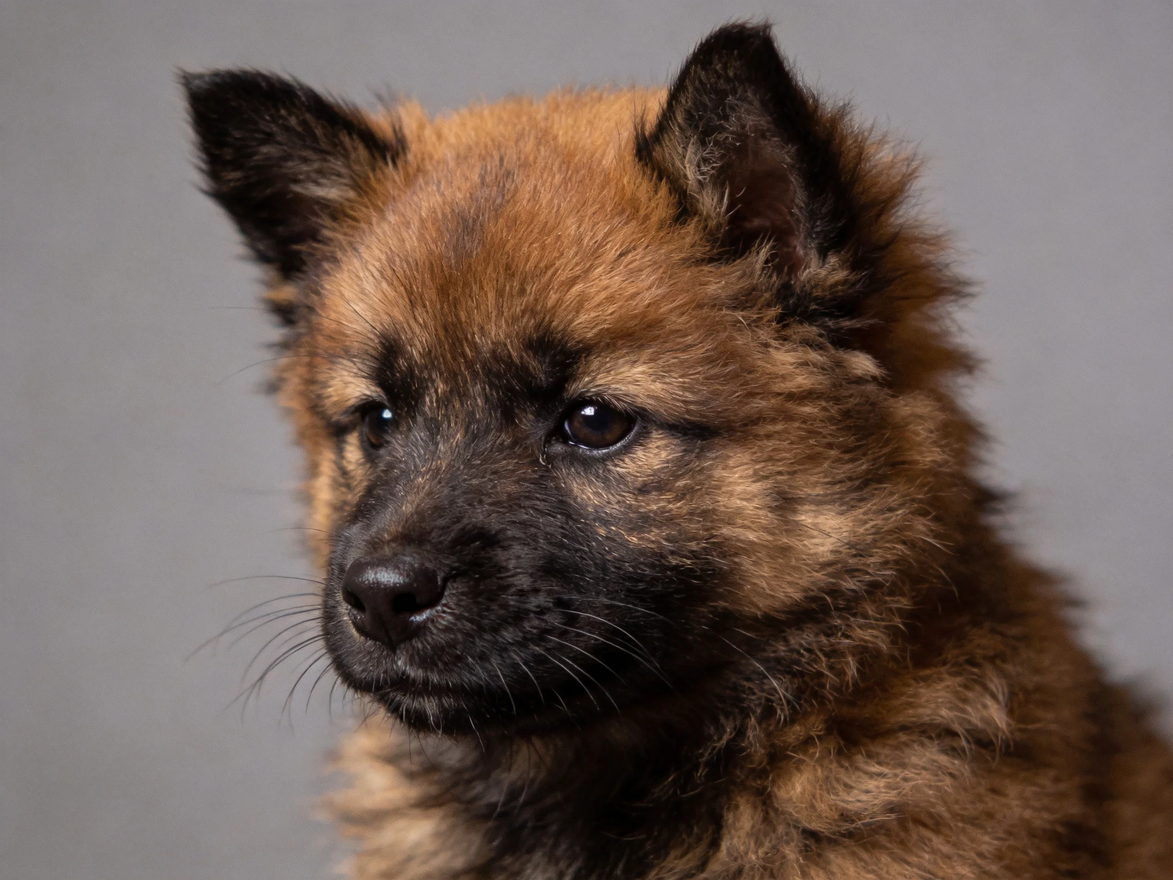 A young brown and black puppy gazes thoughtfully with a gray backdrop.