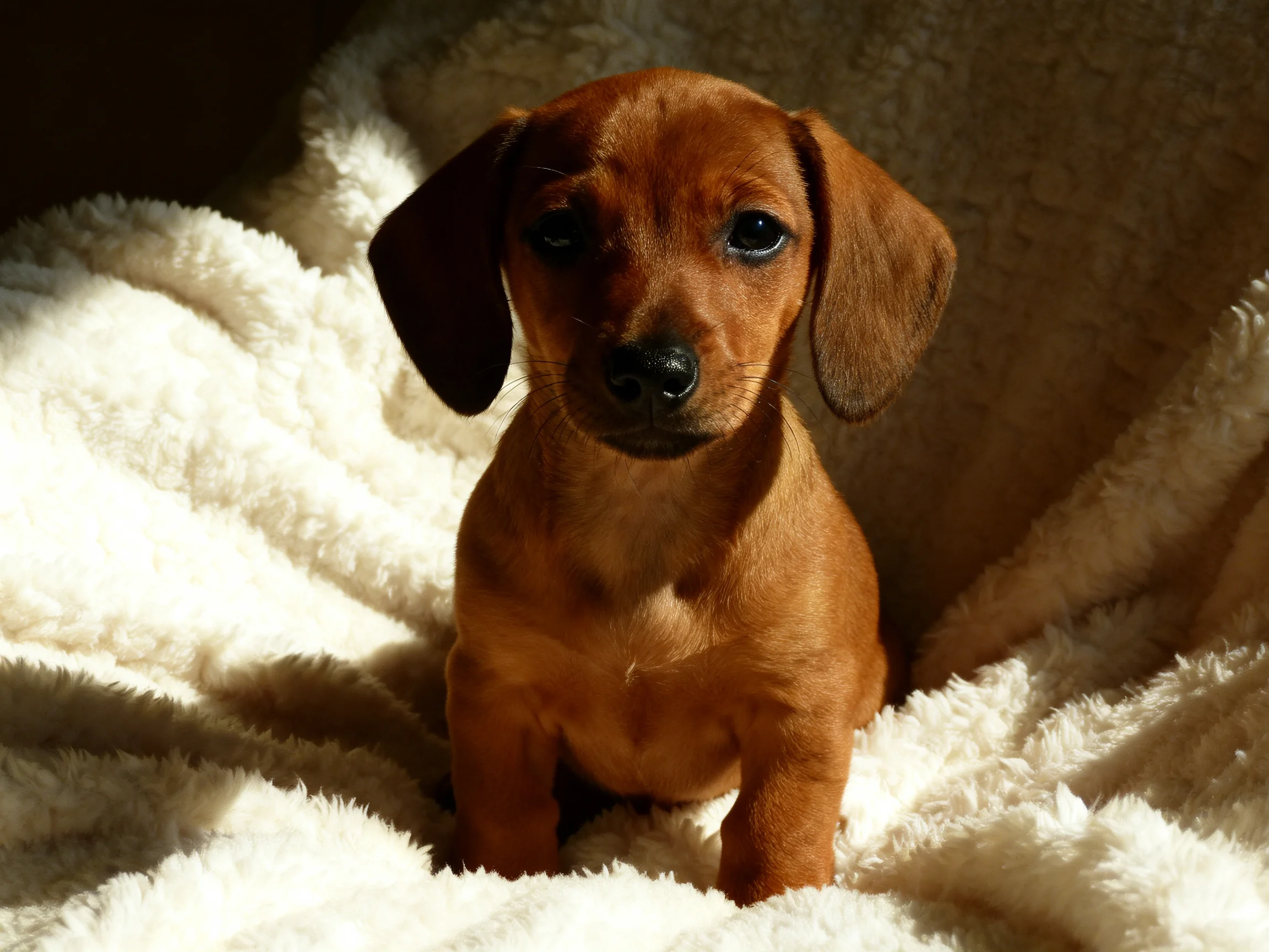 A young brown dachshund puppy nestled in a plush white blanket