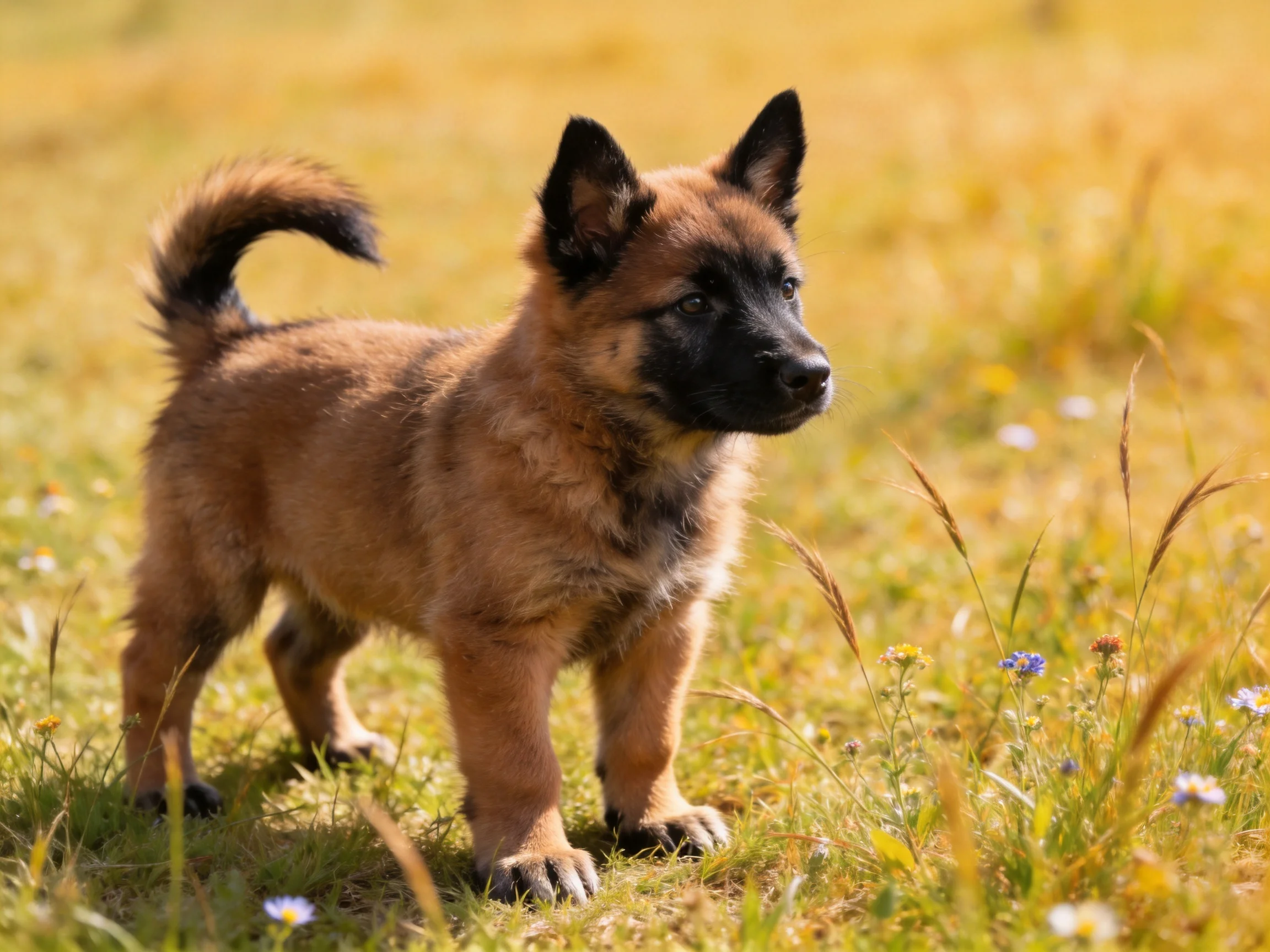 A young brown puppy explores a sunlit meadow with tall grass