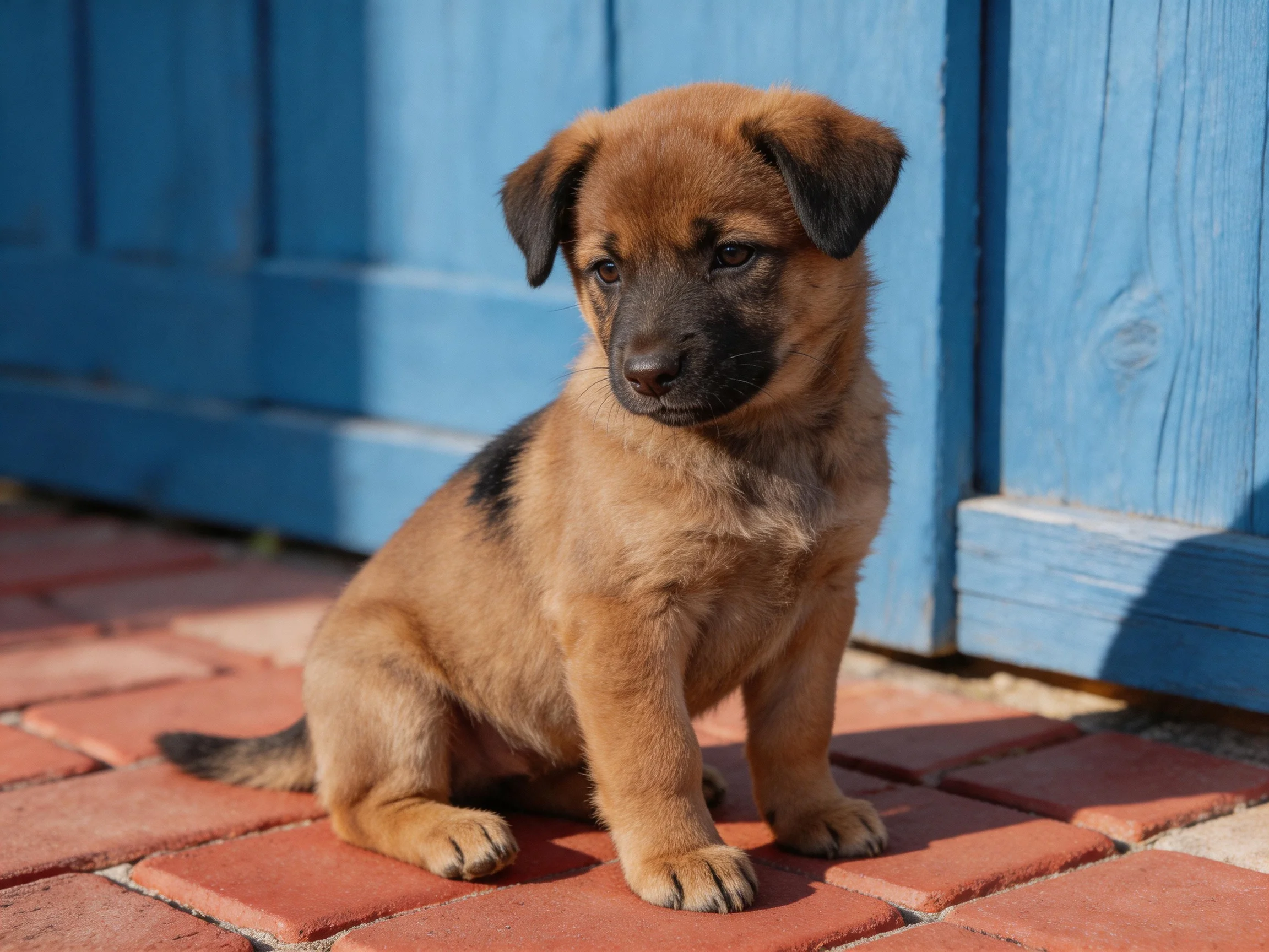 A young brown puppy sits calmly on red brick pavement beside a blue wooden structure.