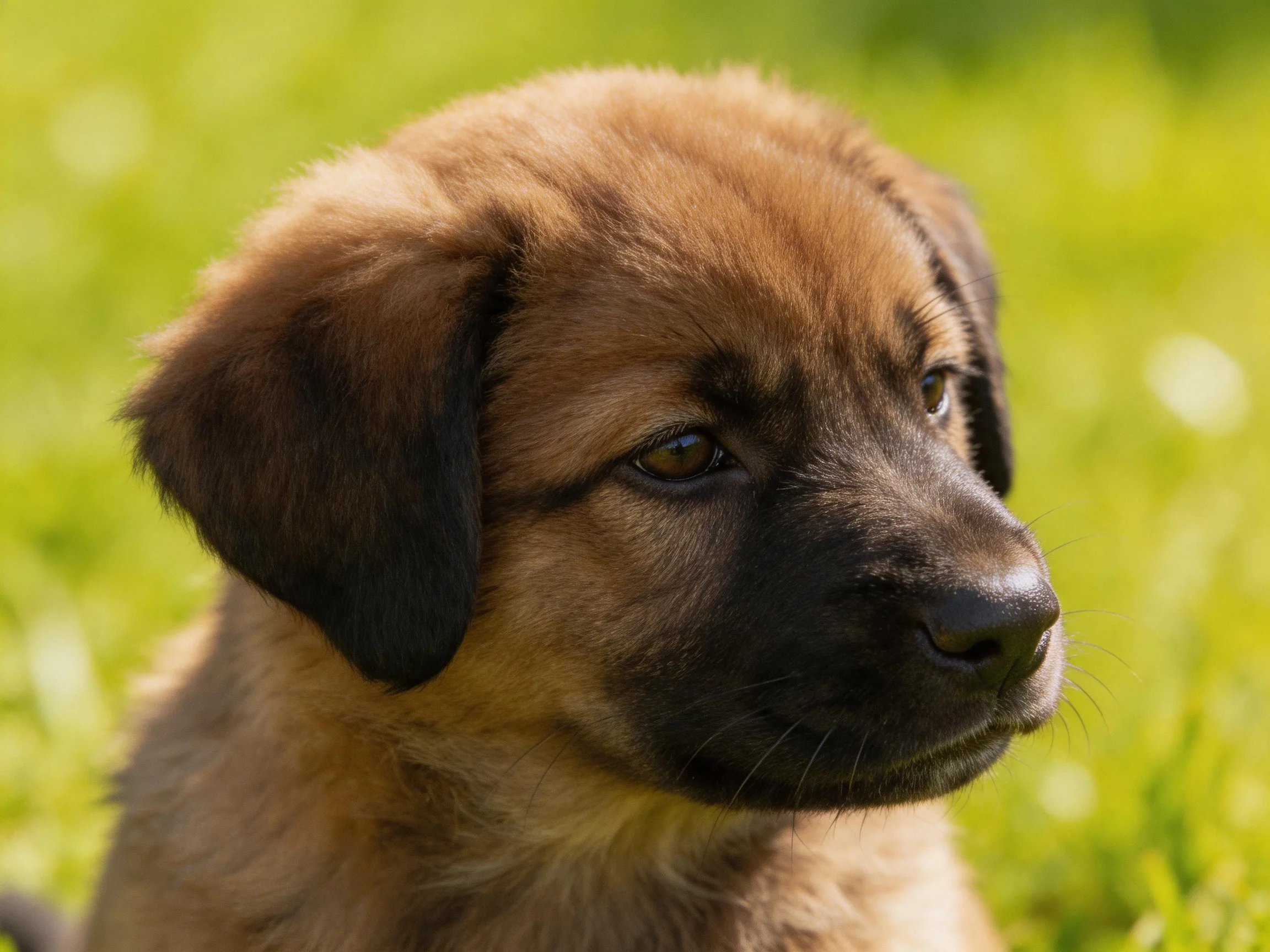 A young brown puppy with dark facial markings rests in a sunlit grassy setting.