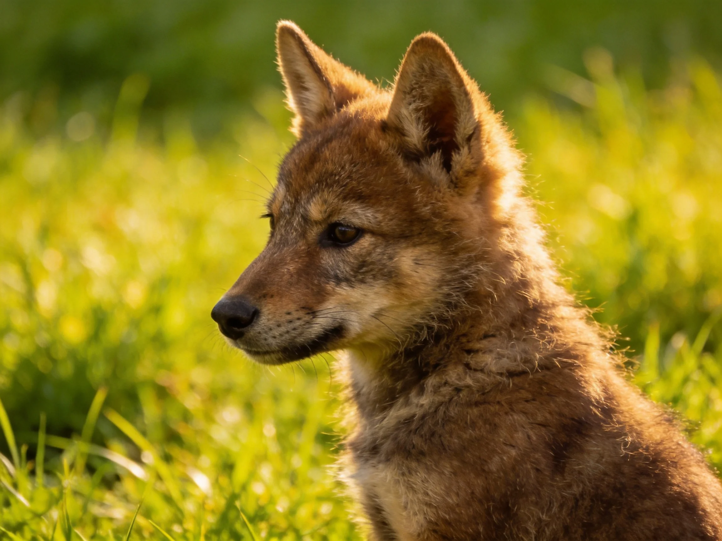 A young brown wolf pup in sun-drenched green grass