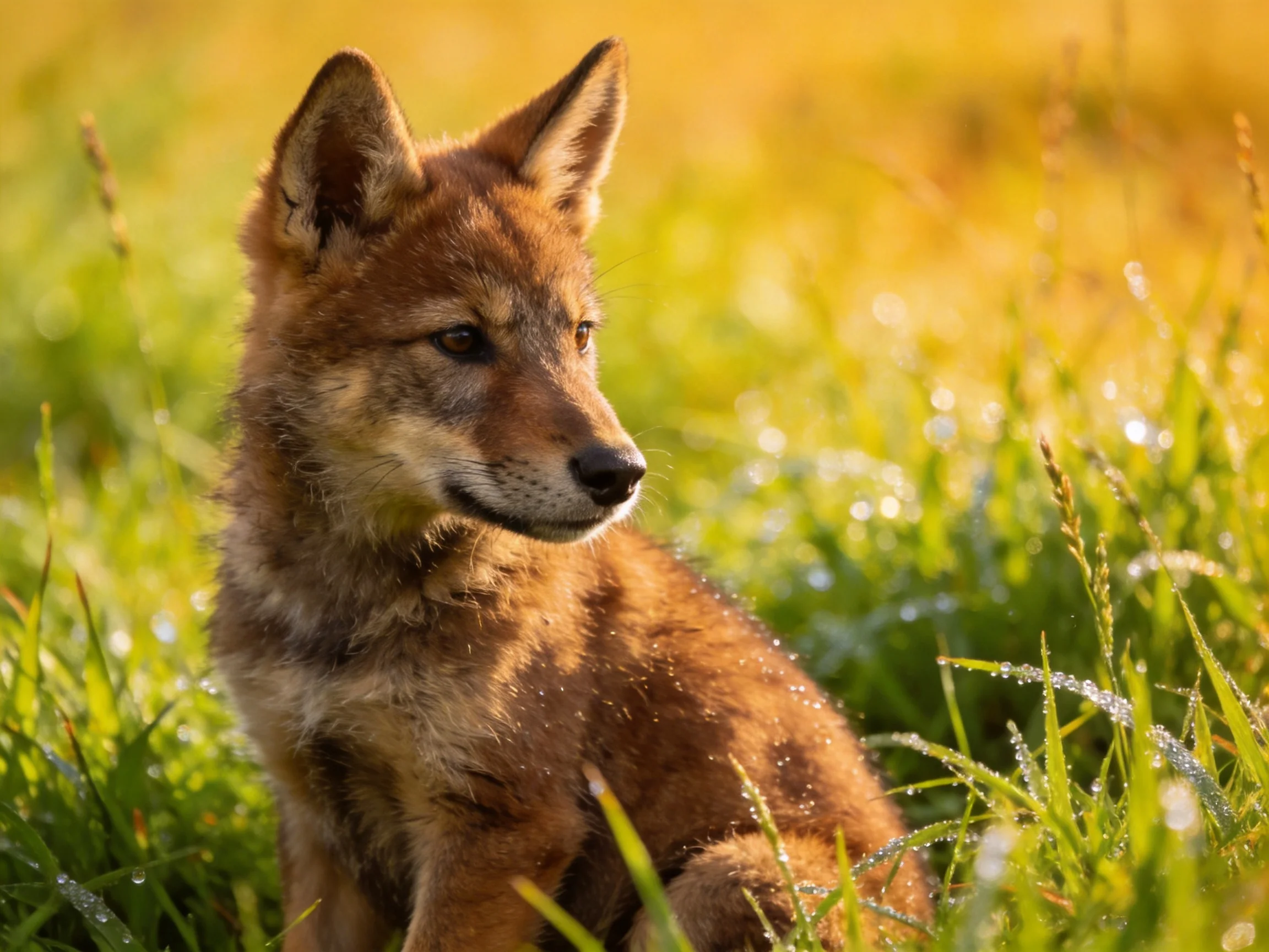 A young brown wolf pup resting in dewy green meadow grass