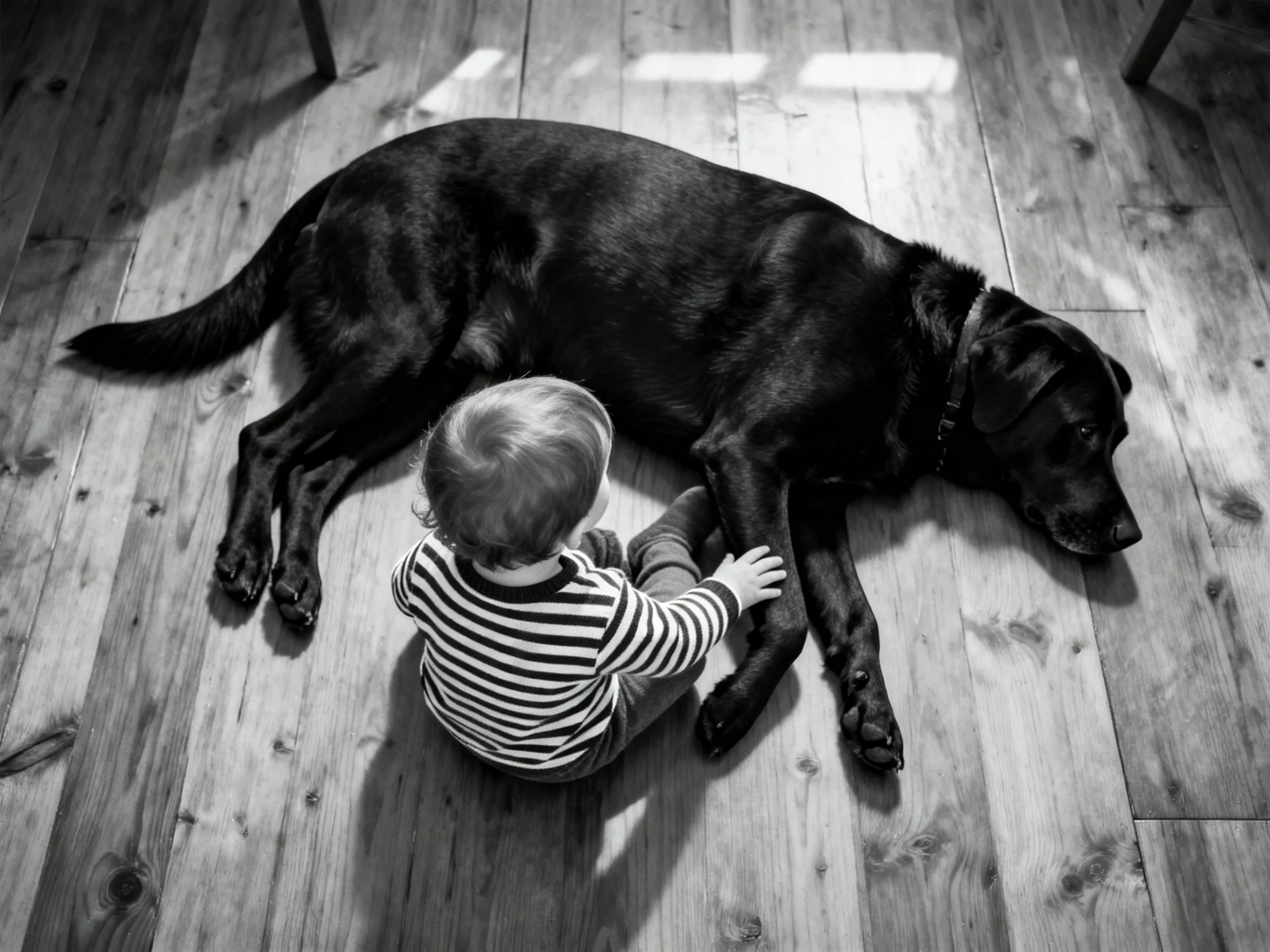 A young child sits beside a large black dog on a wooden floor.