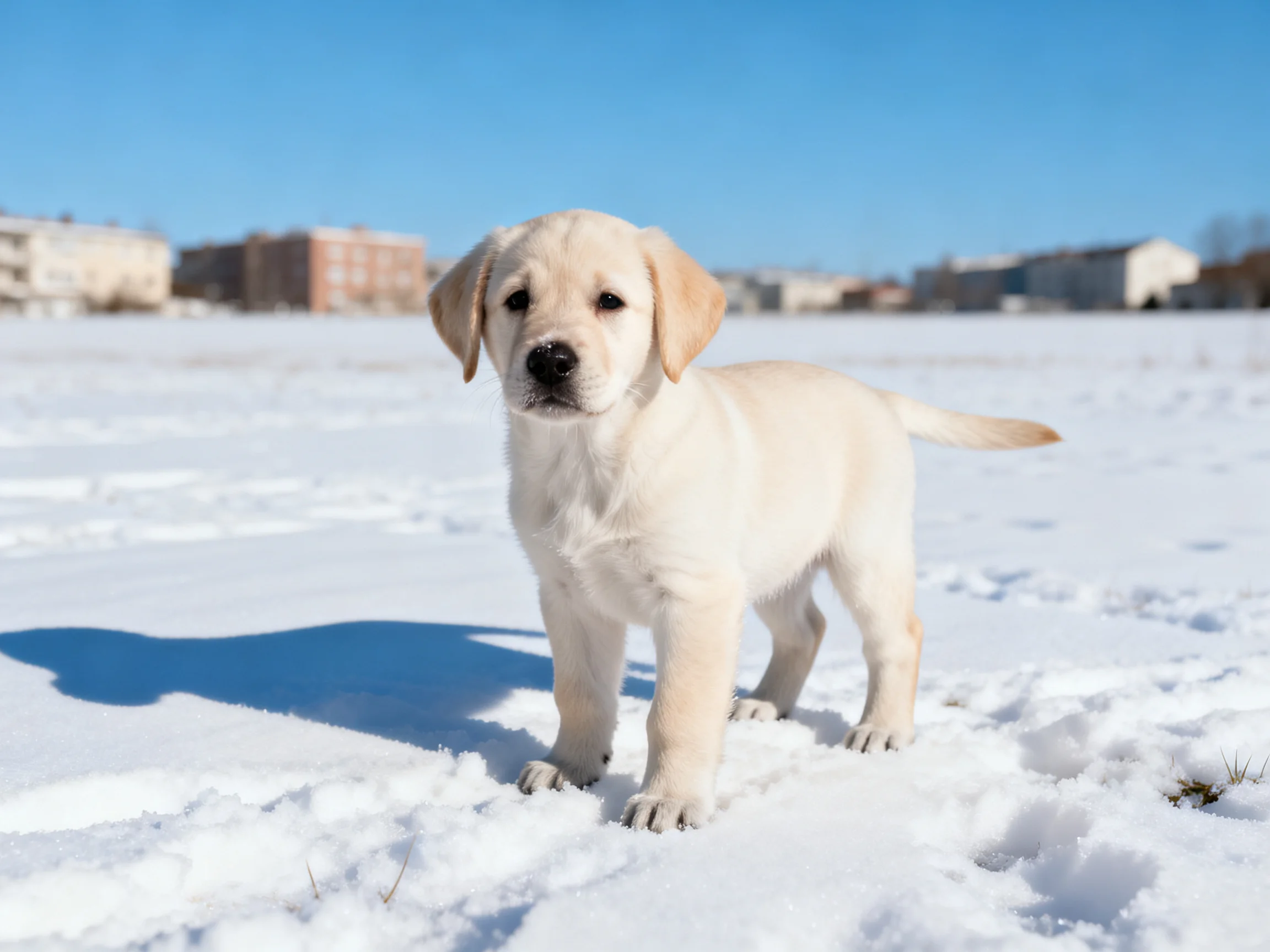 A young cream - colored puppy stands alone in a snowy field with buildings in the background.