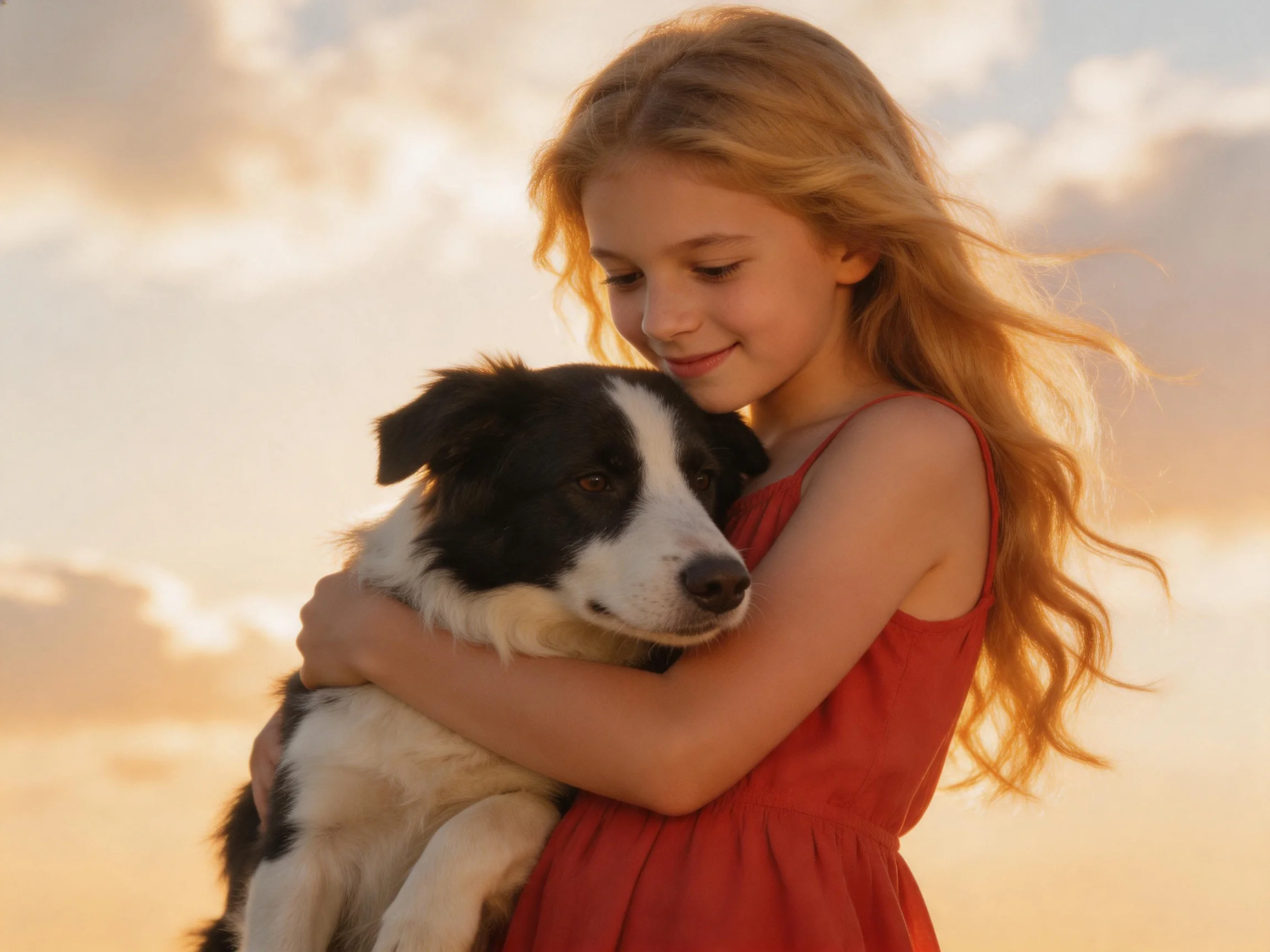 A young girl in a red dress holds a black - white dog under a golden sunset sky