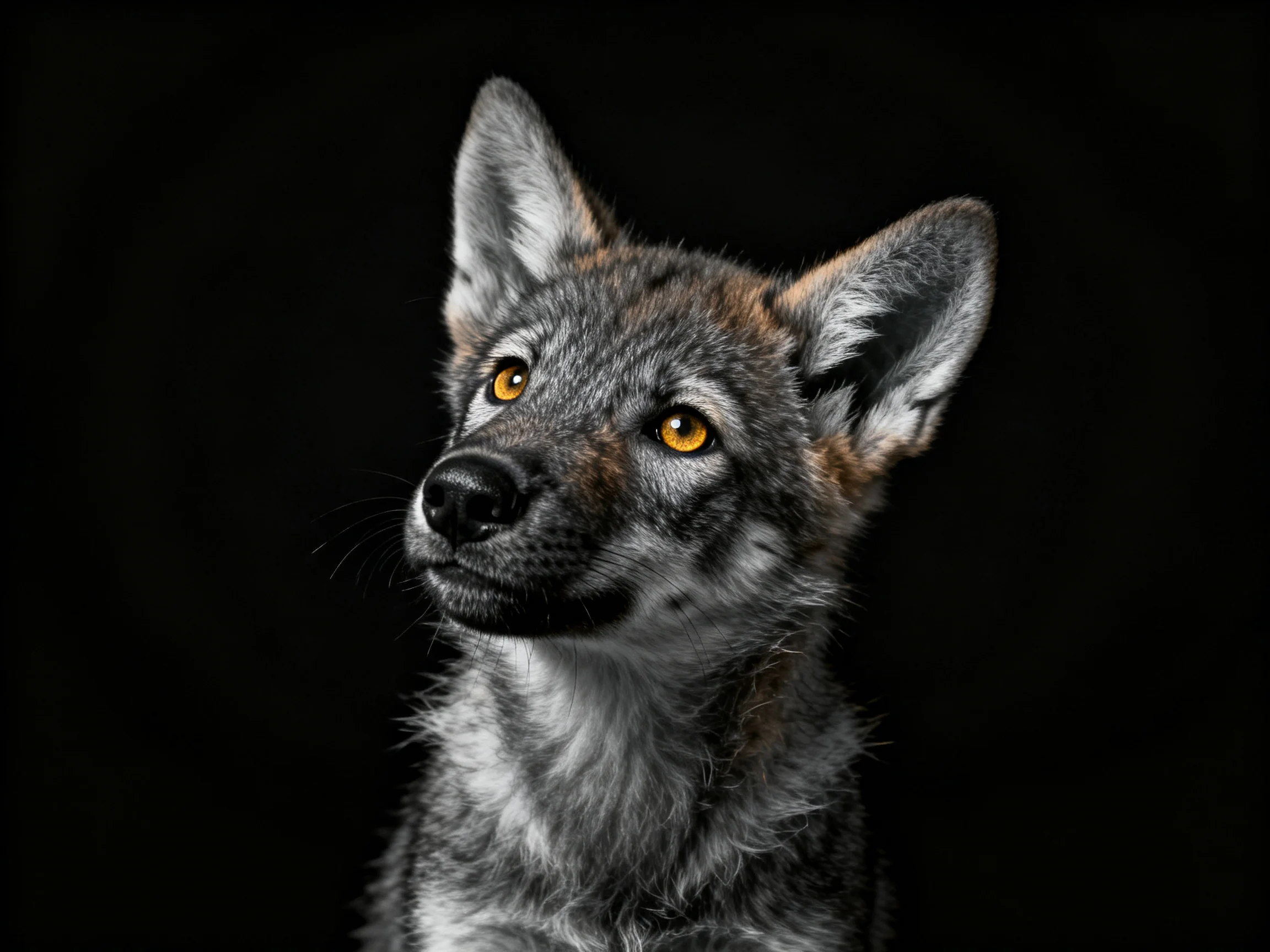 A young gray wolf pup with amber eyes against a stark black backdrop