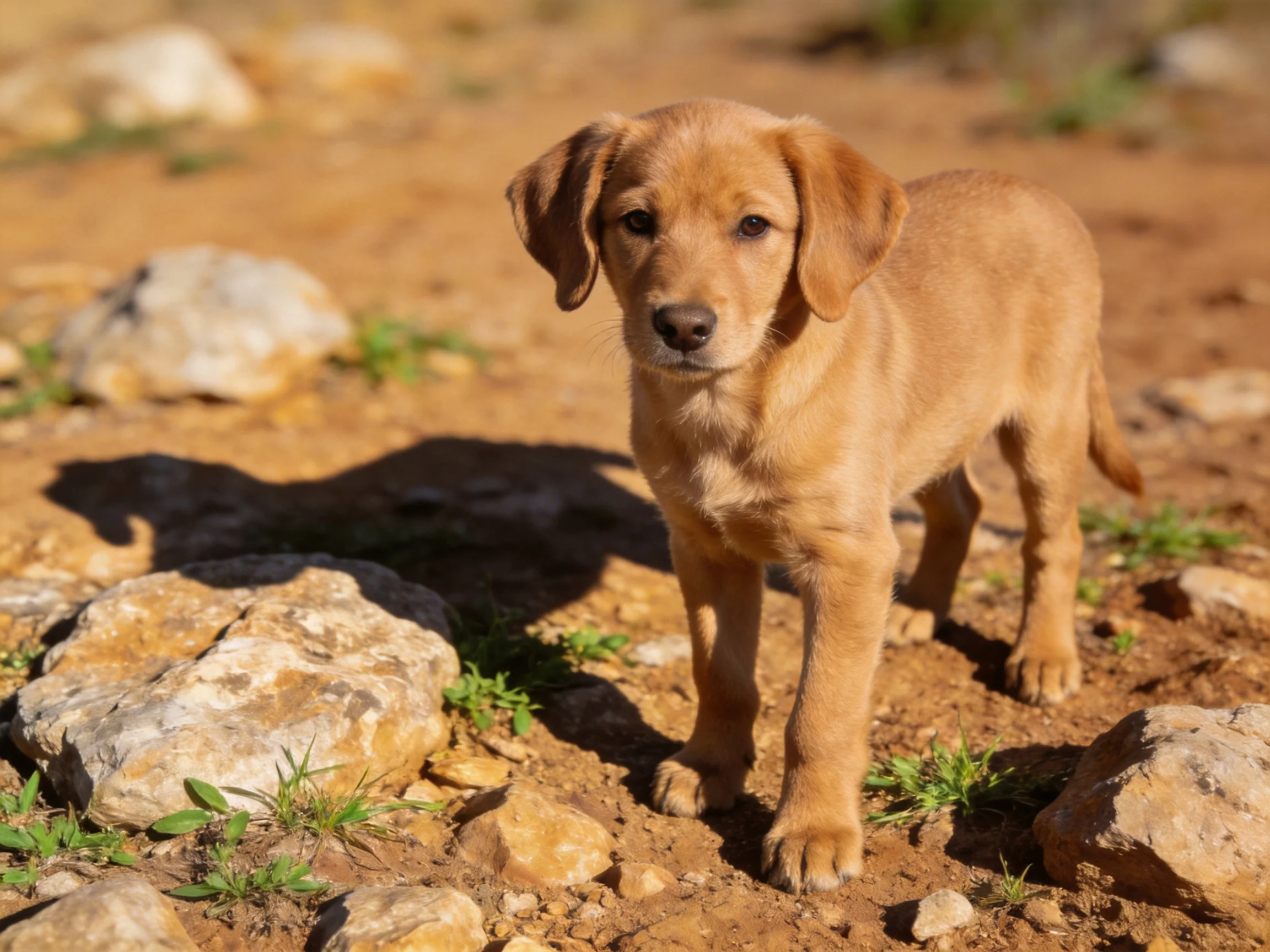 A young tan puppy stands among rocks and dirt terrain
