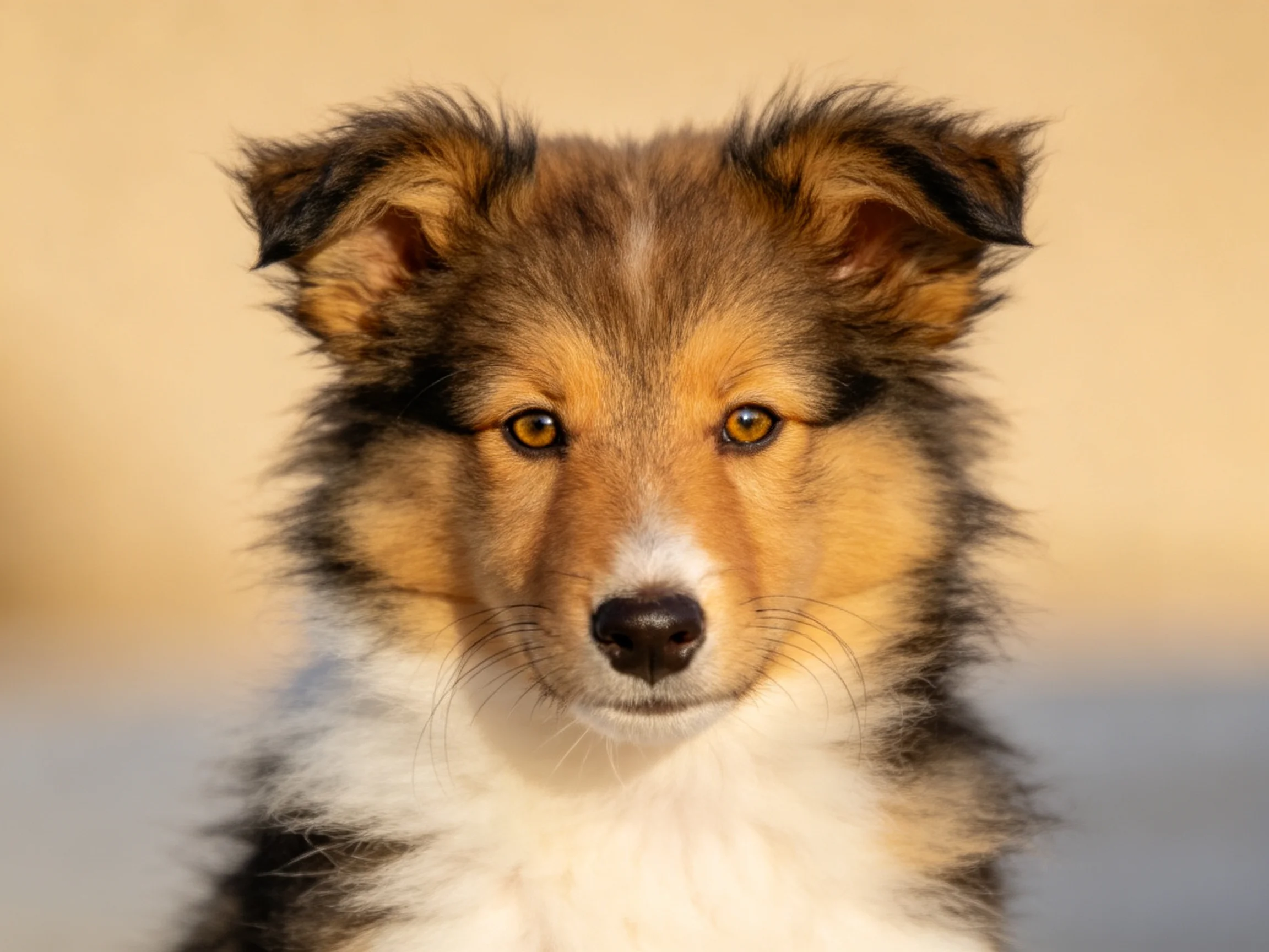 A young tricolor Sheltie puppy with brown, black, and white fur