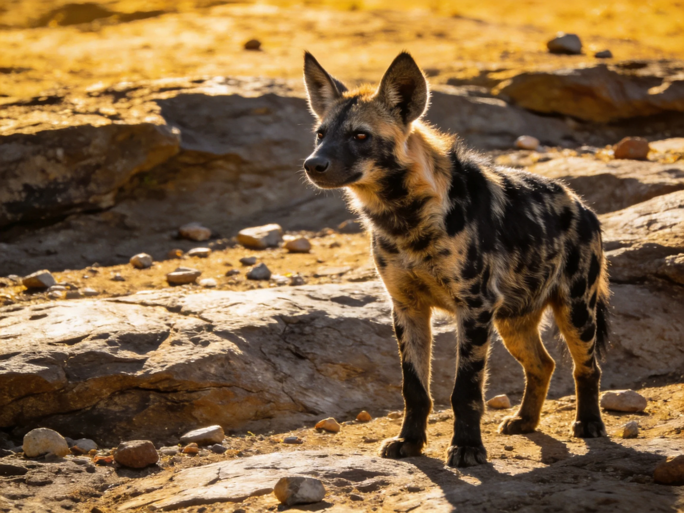 A young wild dog with black and tan spots stands on rocky terrain