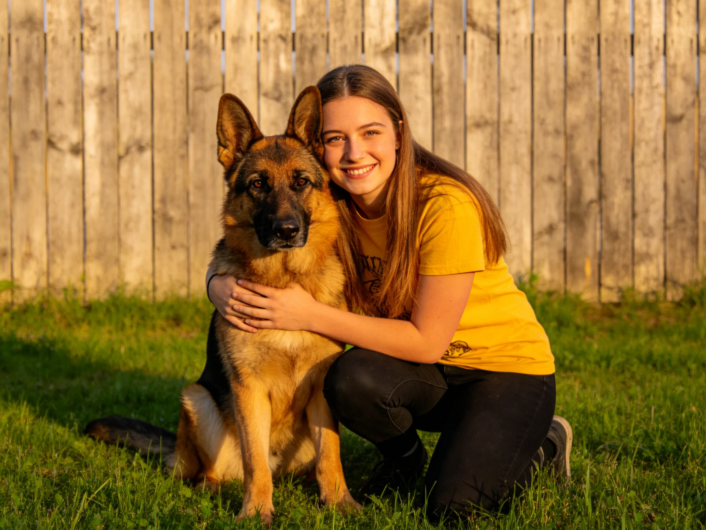 A young woman in a yellow shirt hugs a German Shepherd near a weathered wooden fence