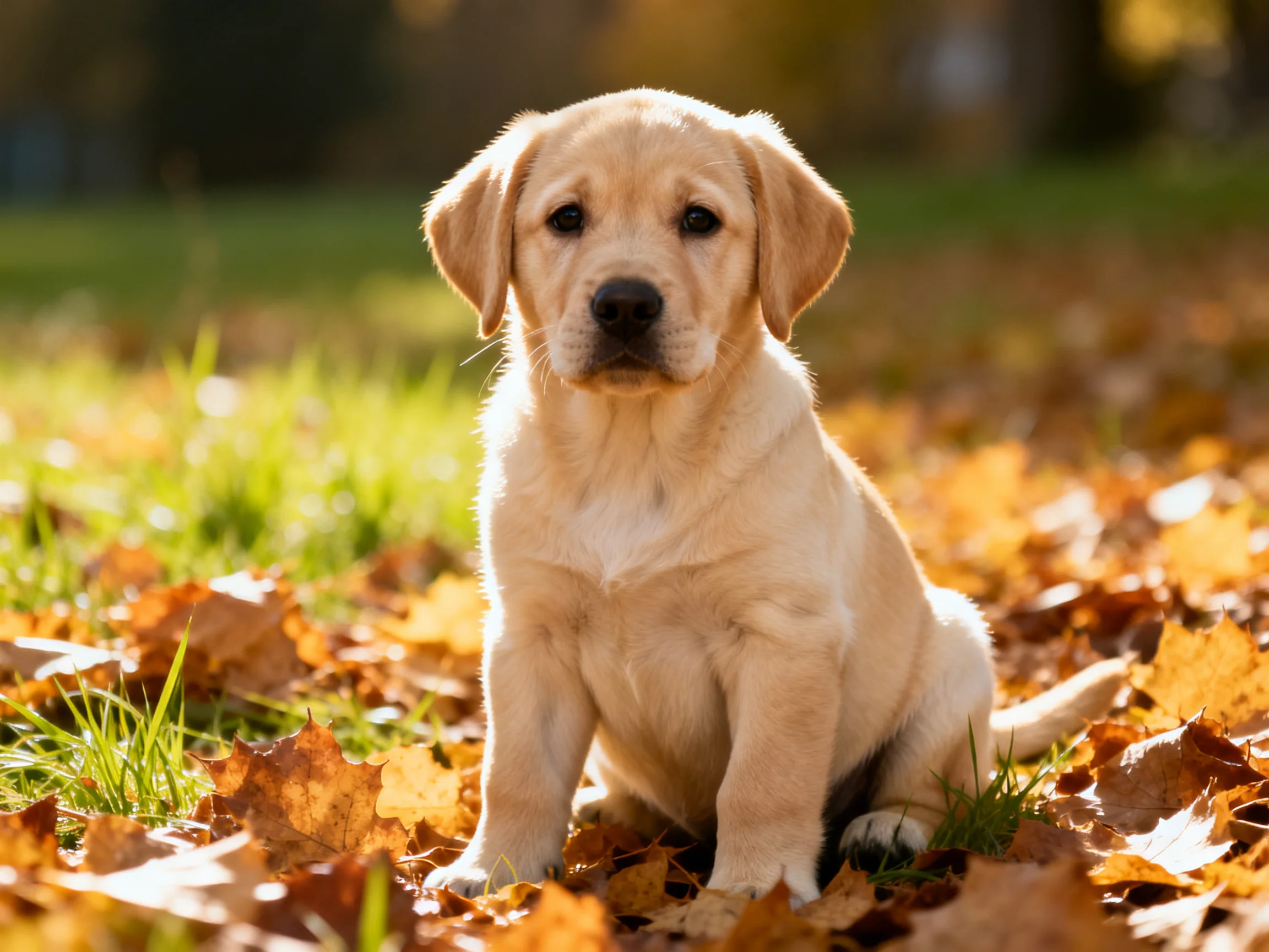 A young yellow Labrador puppy sits calmly among fallen autumn leaves in a sunlit outdoor setting.