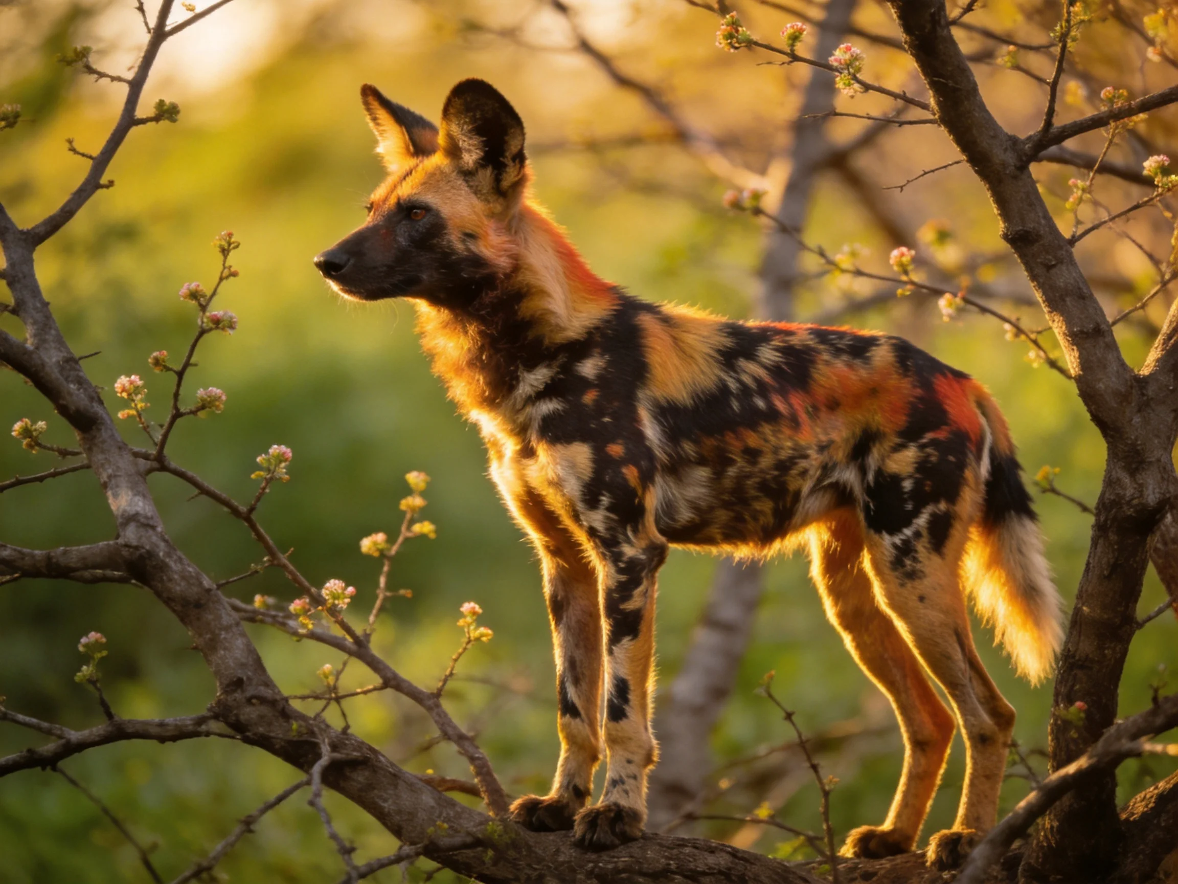 An African wild dog stands alert on a tree branch surrounded by budding foliage.