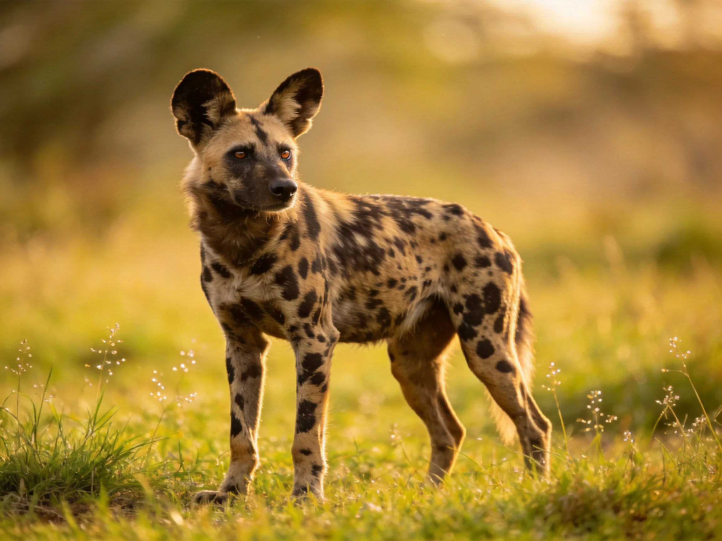 An African wild dog stands alert in sunlit savannah grass.