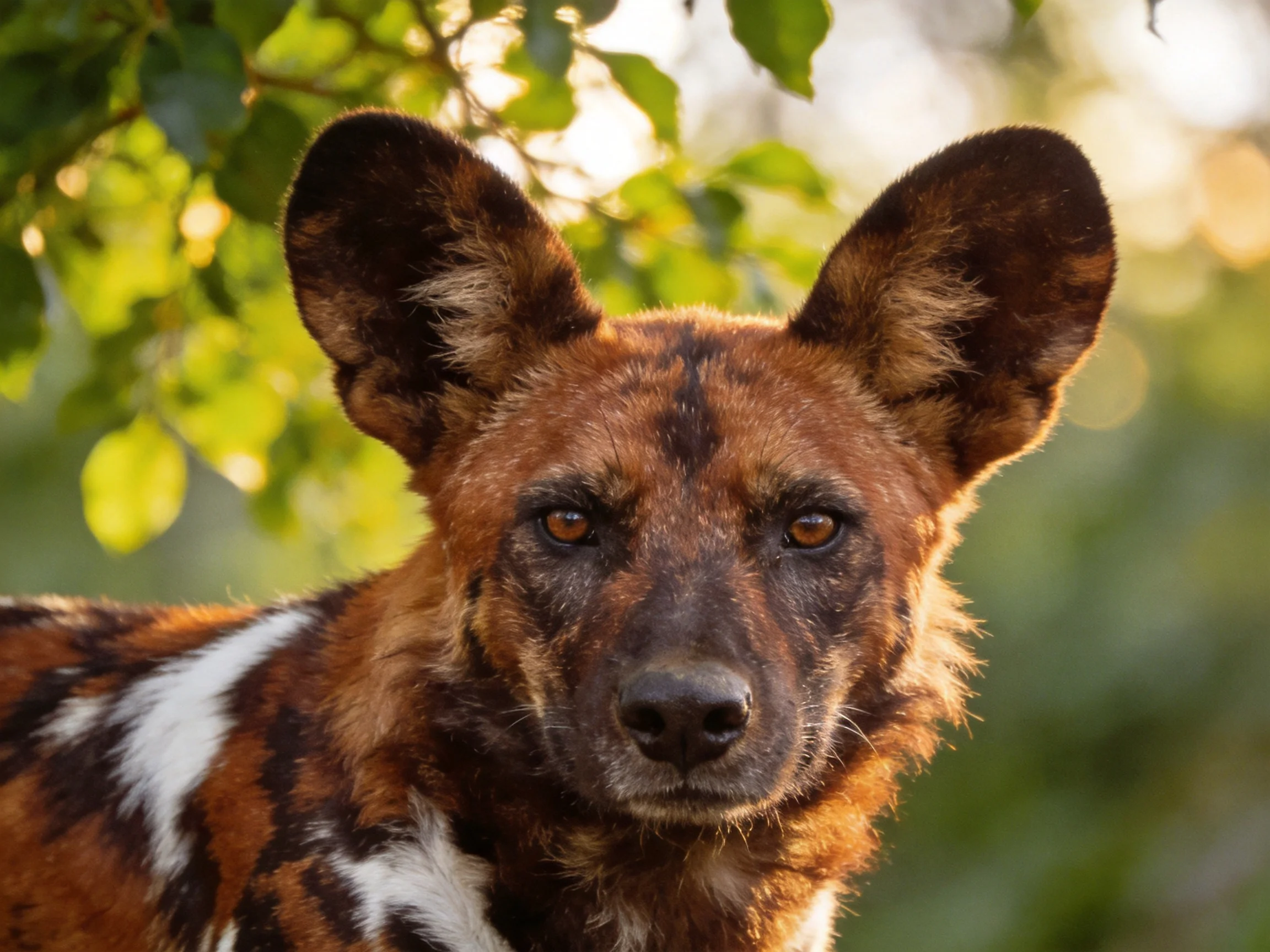 An African wild dog with brown, black, and white spotted fur