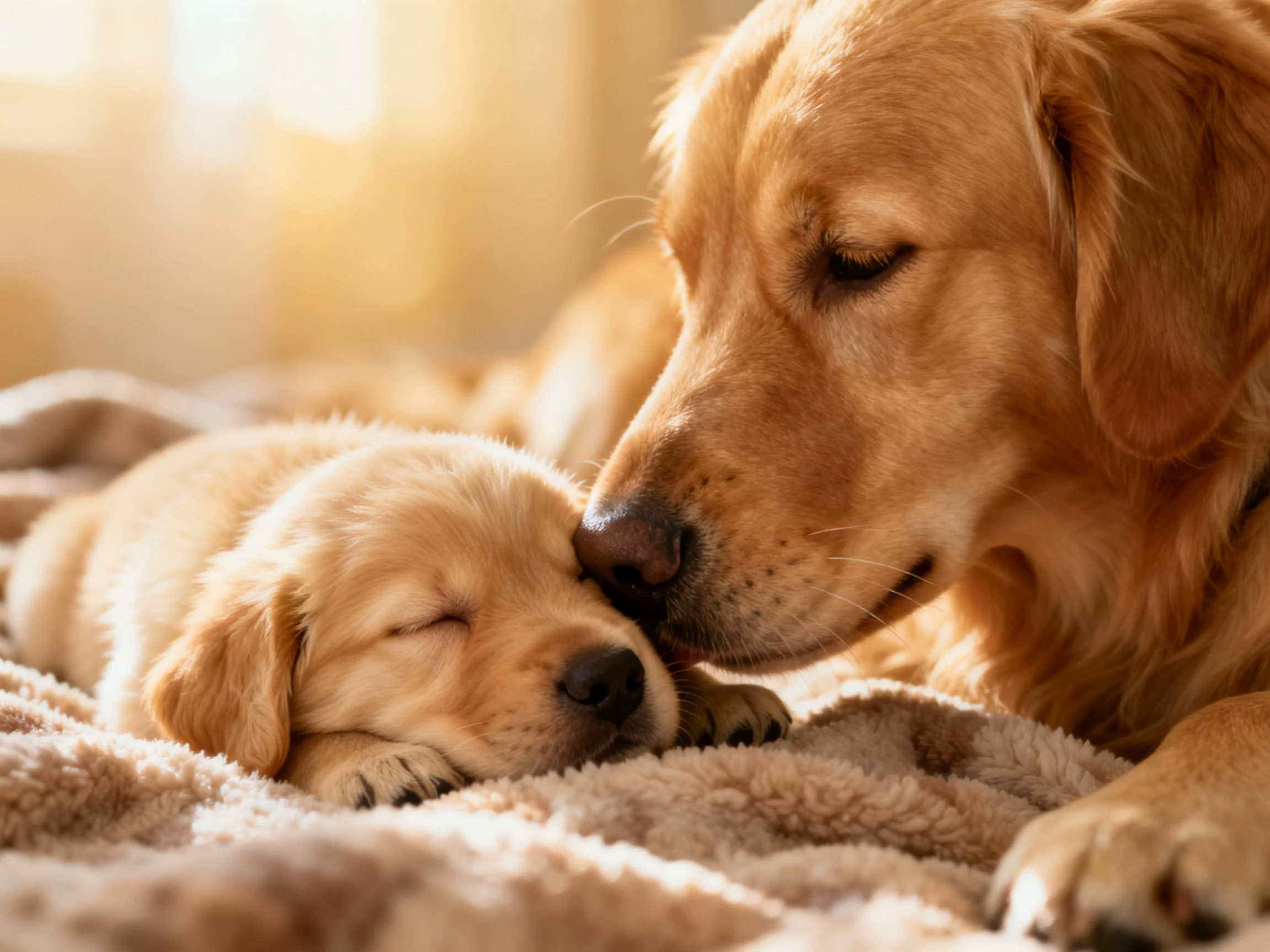 An adult golden retriever nuzzles a sleeping puppy on a soft blanket