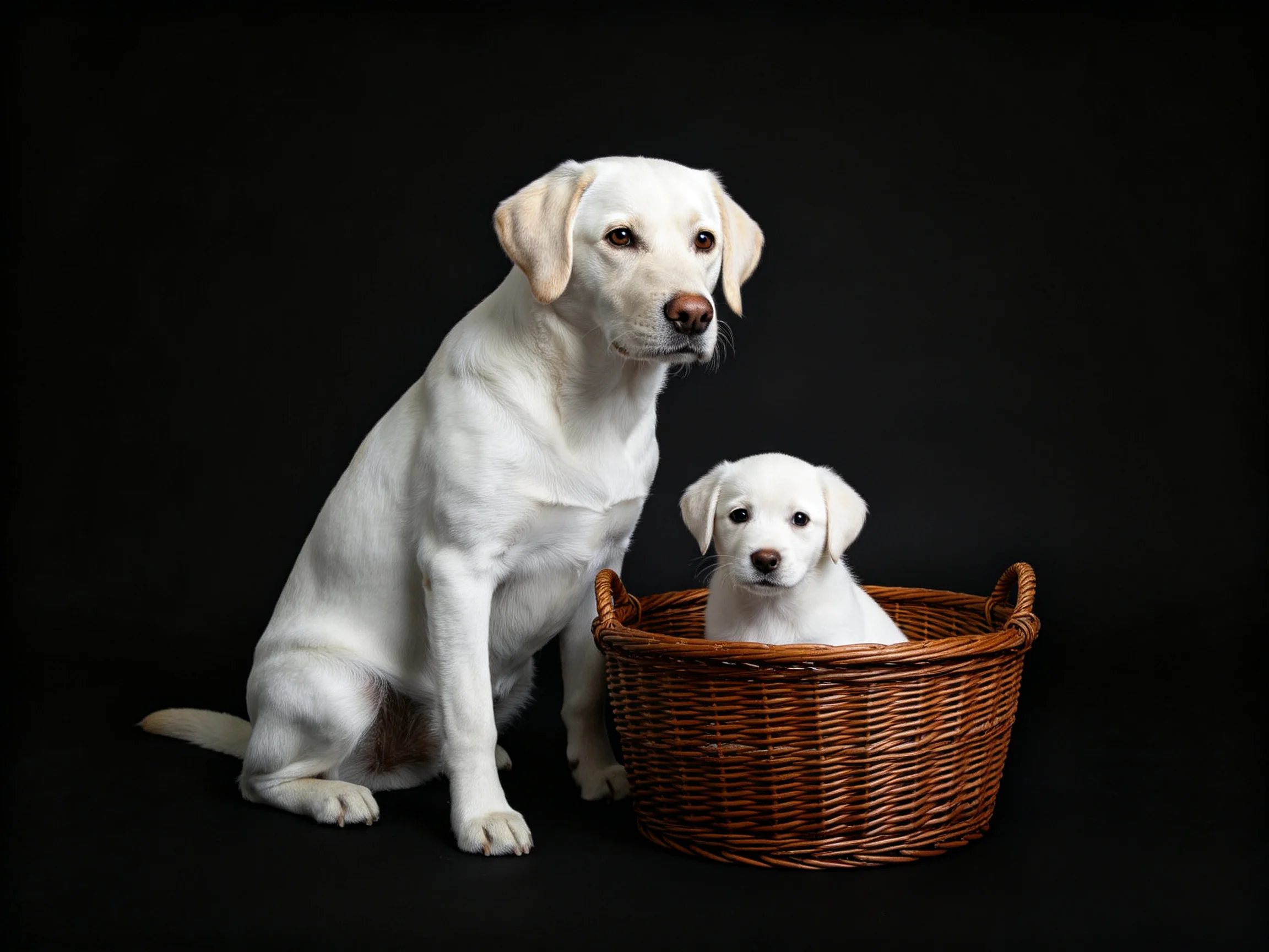 An adult white Labrador Retriever sits beside a white puppy in a wicker basket against a black backgr