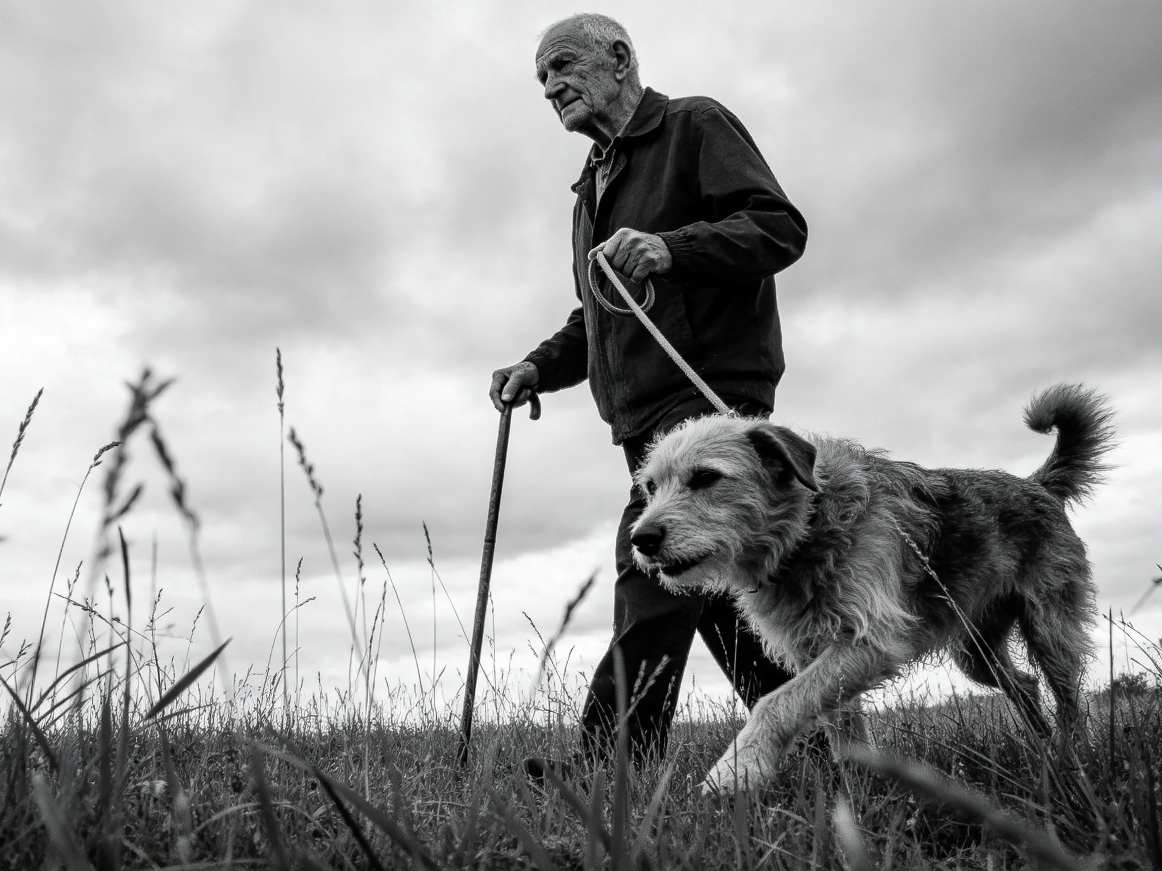 An elderly man walks his shaggy dog with two canes in an open field