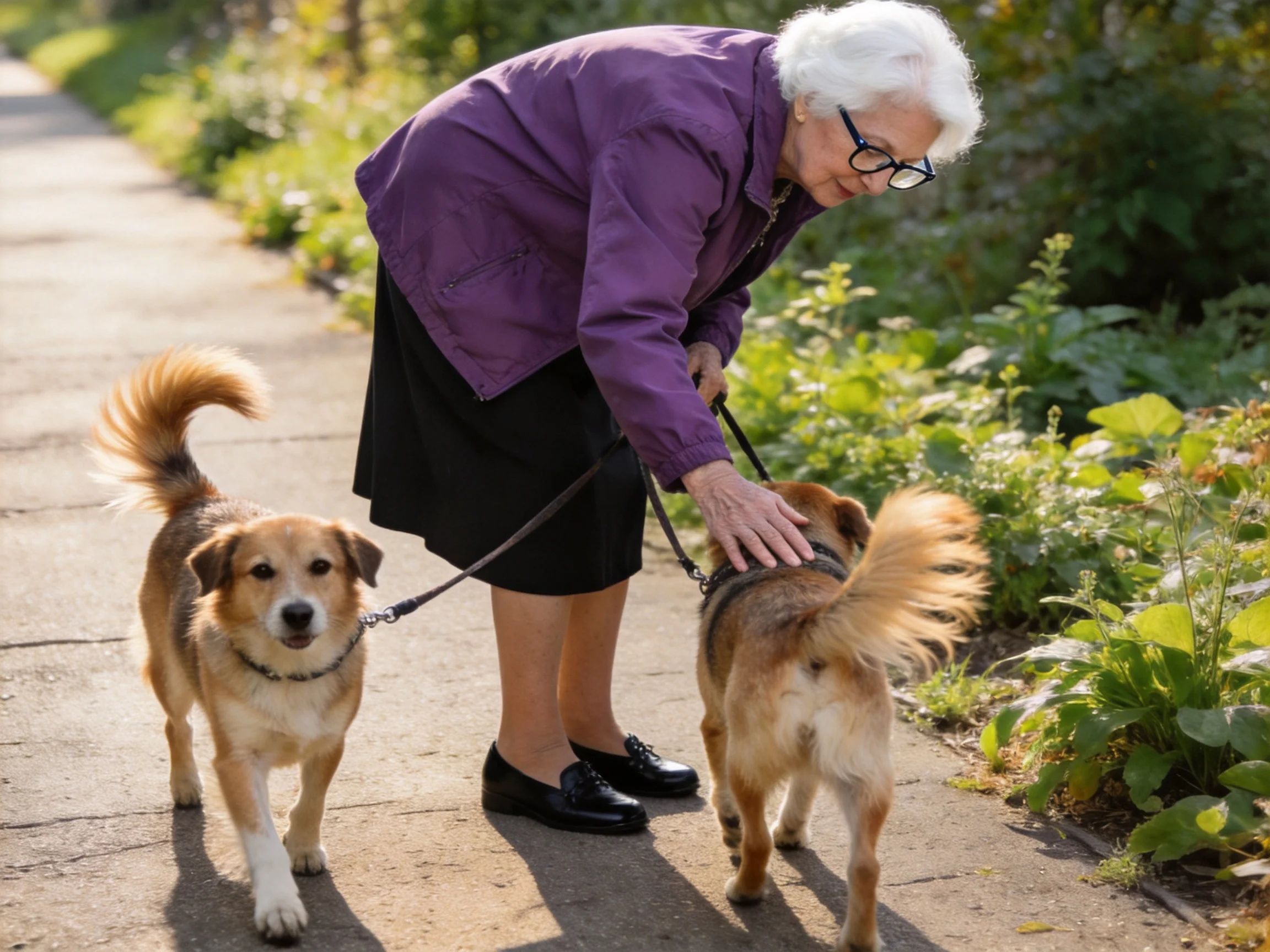 An elderly woman in a purple jacket walks two tan dogs along a sunlit sidewalk