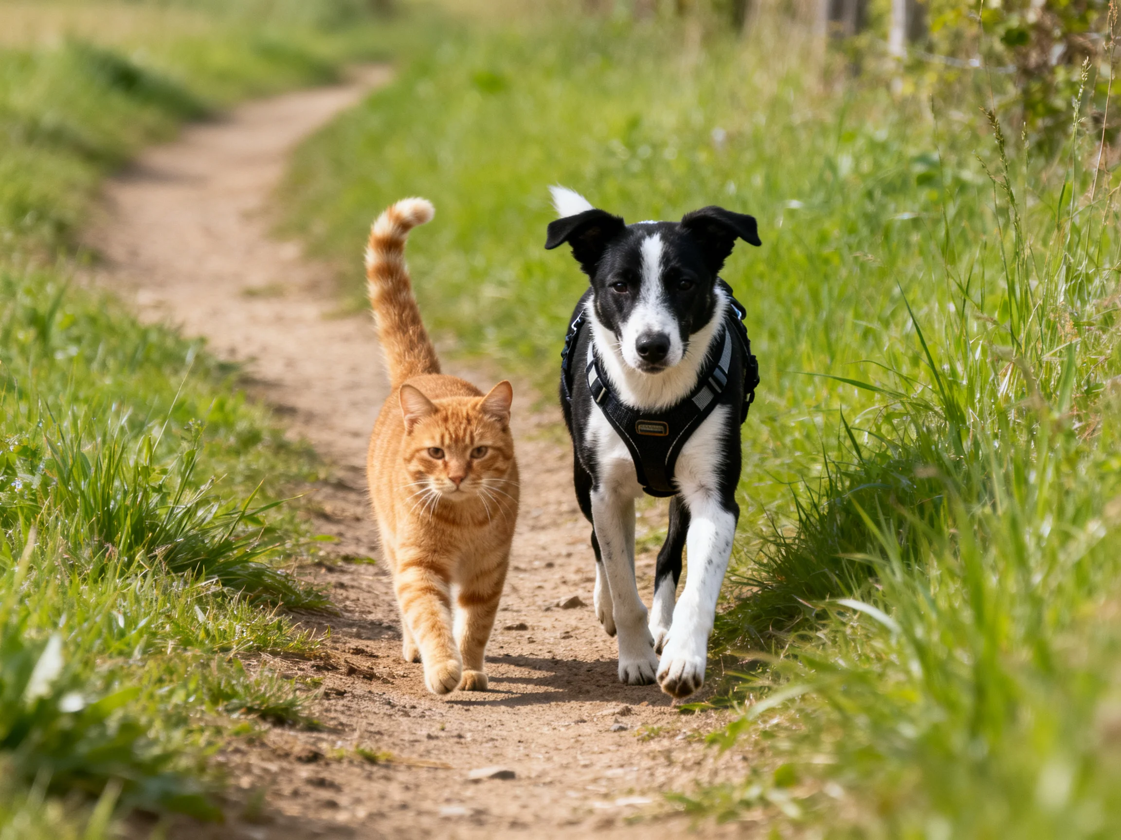 An orange cat and a black-and-white dog stroll side by side along a dirt path.