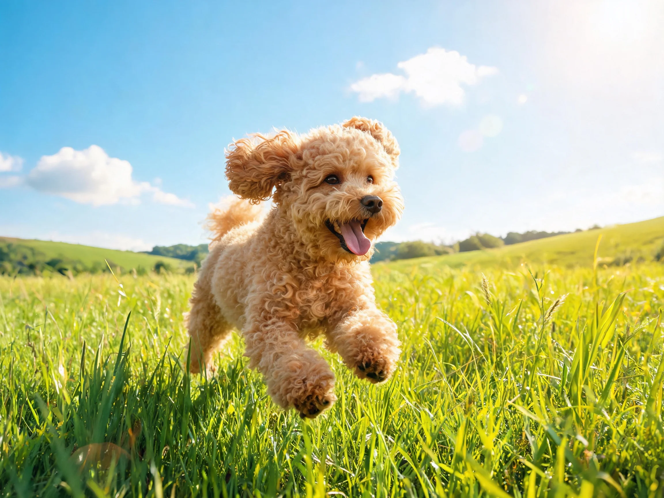 Apricot poodle joyfully runs through lush green meadow