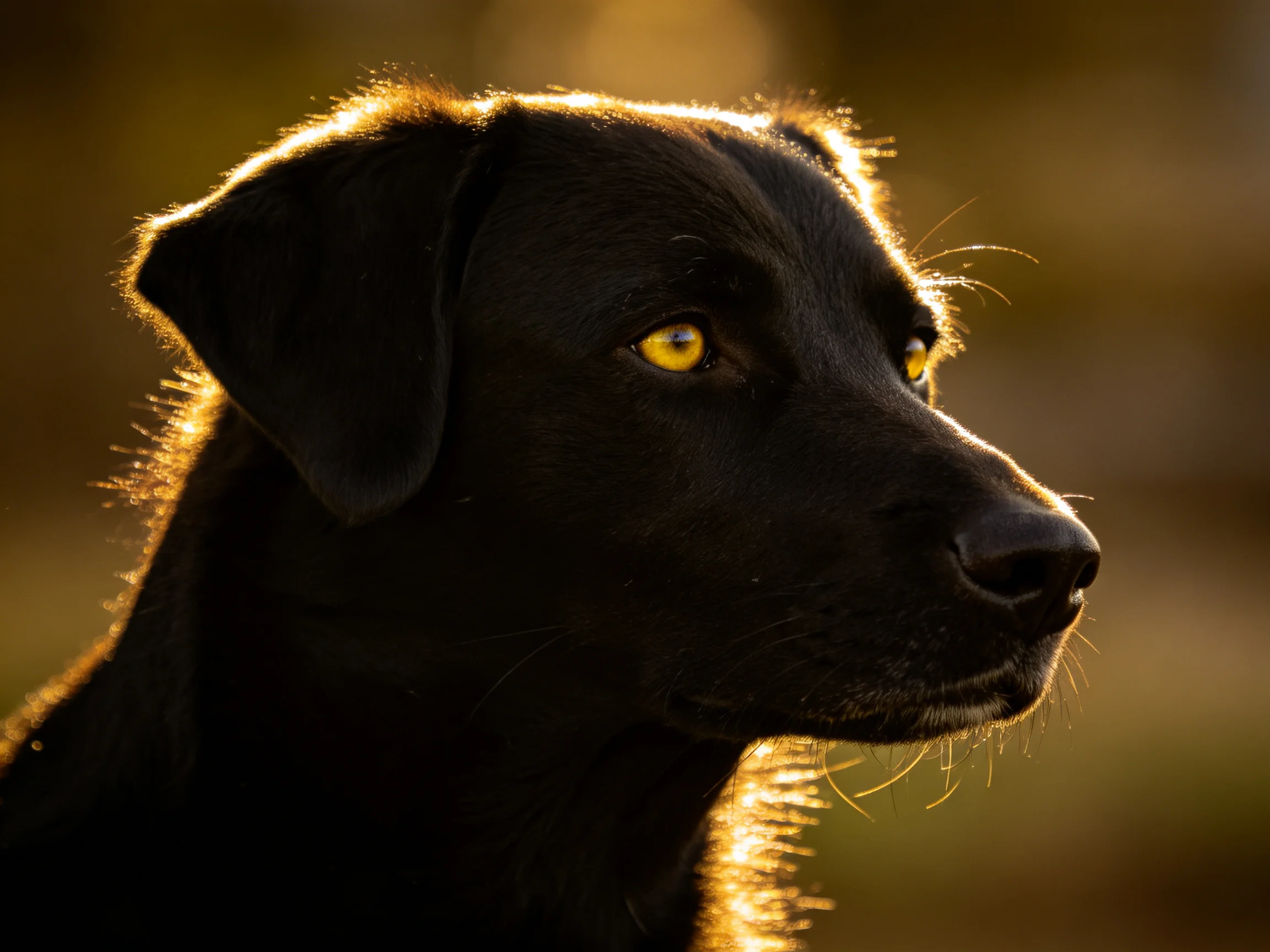 Backlit black dog with bright yellow eyes and glowing fur edges