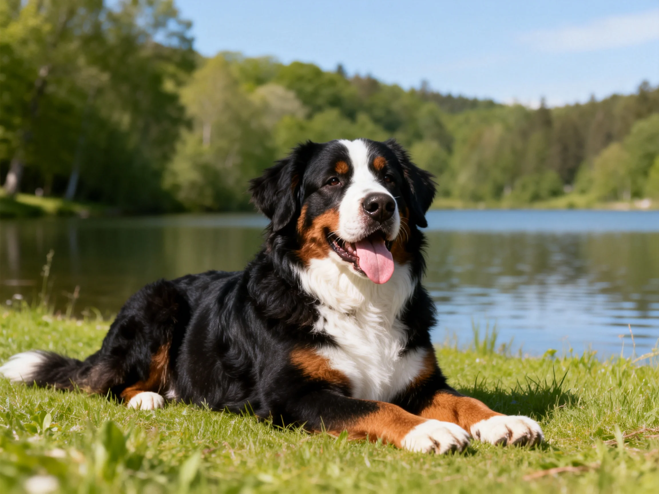 Bernese Mountain Dog resting on green grass by a calm lake