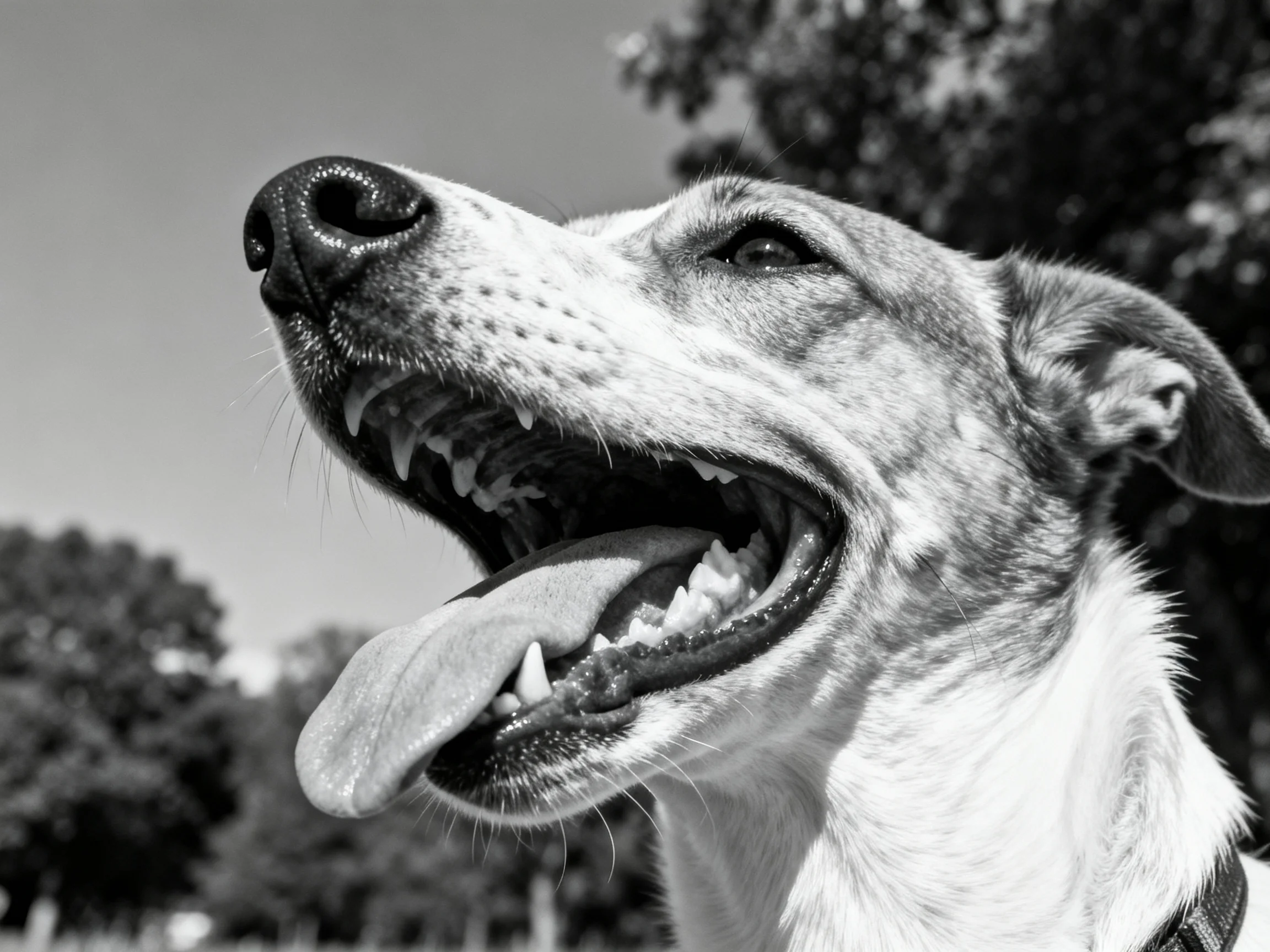 Black - and - white close - up of a panting dog with open mouth