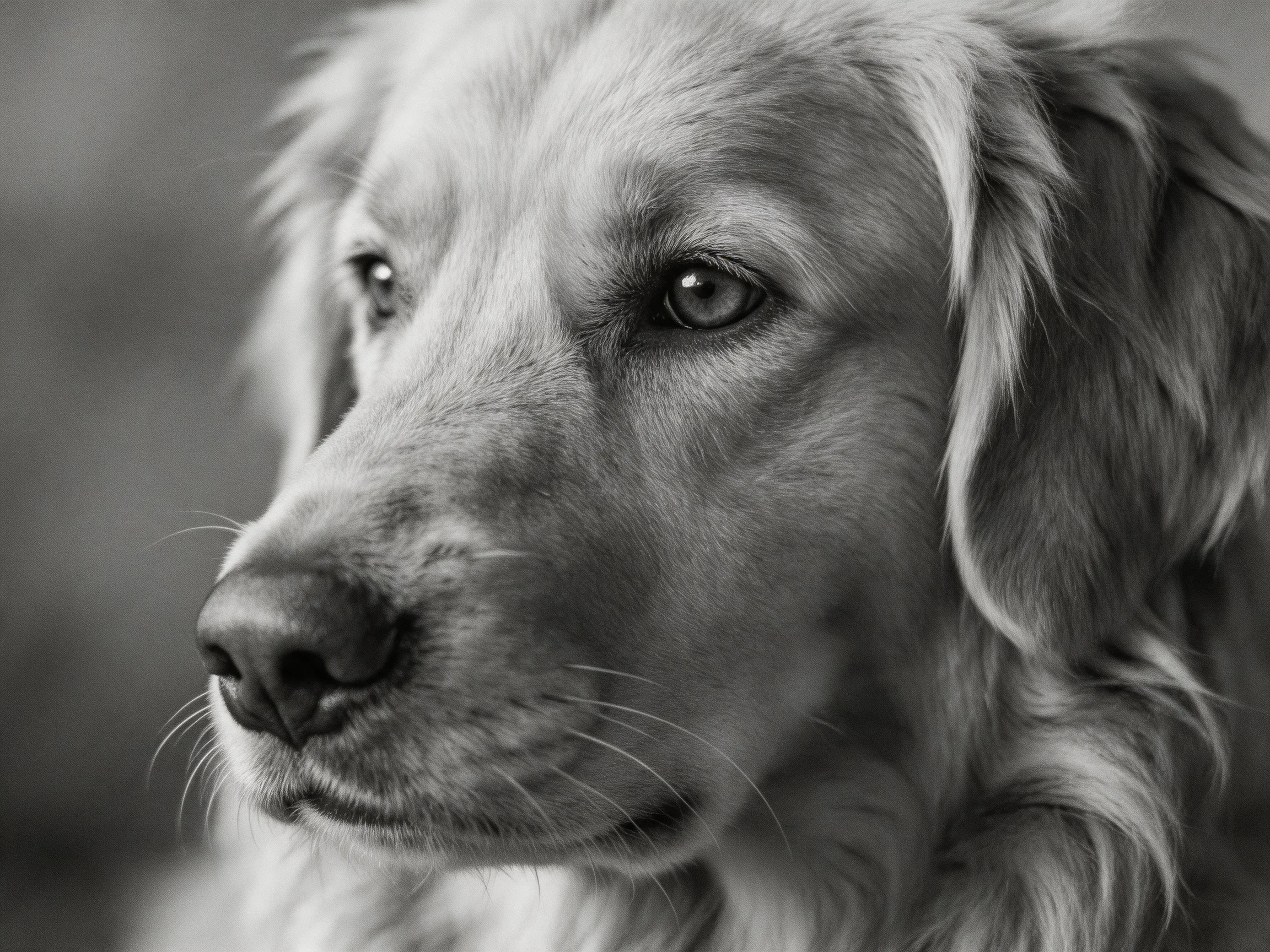 Black - and - white close - up portrait of a golden retriever with long, wavy fur